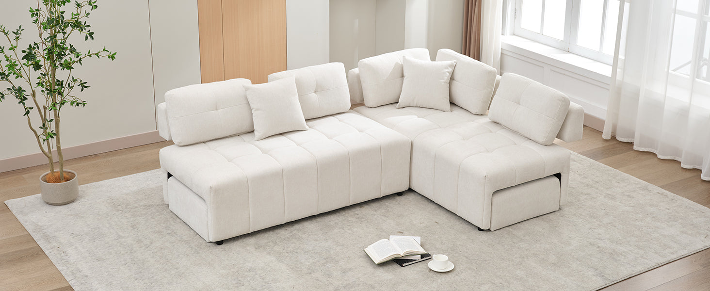 91.73" L Shaped Sofa Sectional Sofa Couch With 2 Stools And 2 Lumbar Pillows For Living Room, Biege Beige Chenille