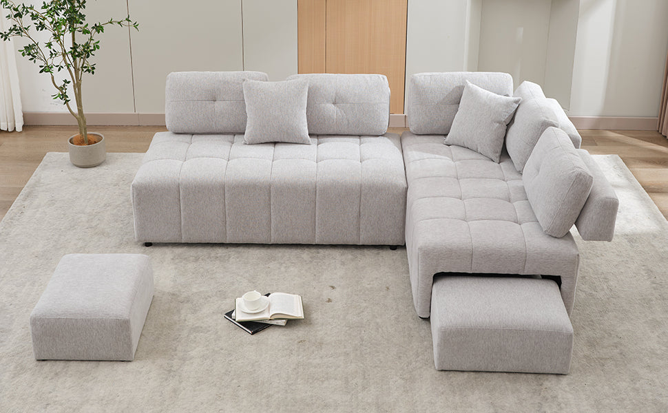 91.73" L Shaped Sofa Sectional Sofa Couch With 2 Stools And 2 Lumbar Pillows For Living Room, Light Grey Light Grey Chenille