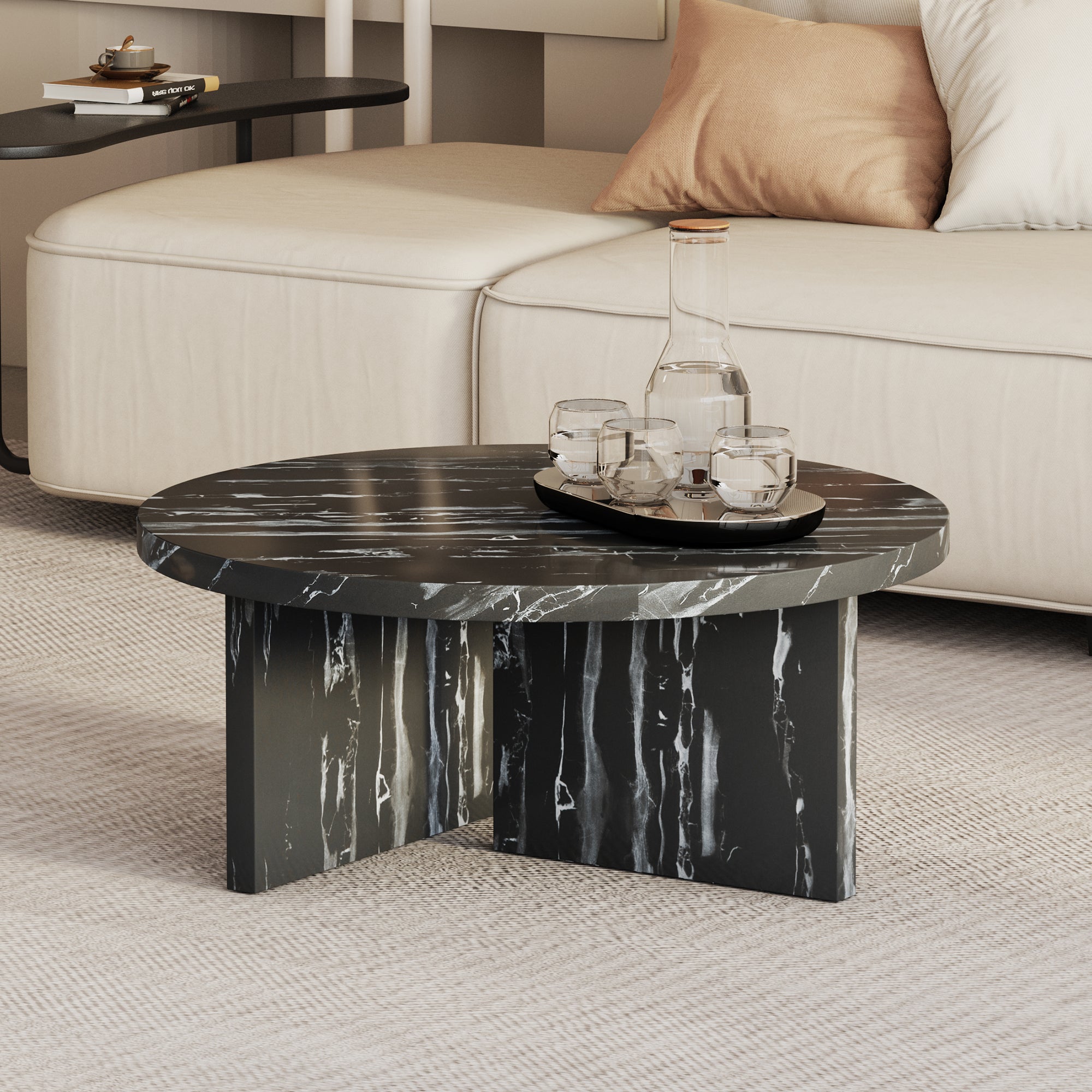 Black Mdf Material Circular Coffee Table With Texture, 31.4 Inch Black Middle Table, Modern Tea Table, Suitable For Small Spaces, Living Room. Black Mdf