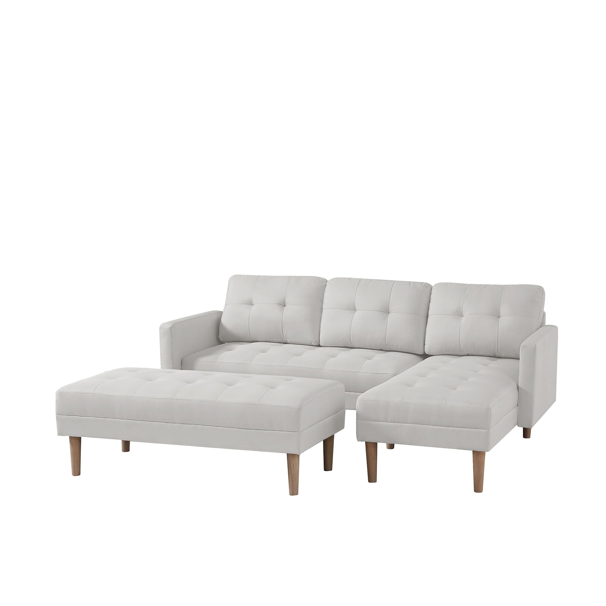 White Fabric Right Facing Sectional Sofa Bedl Shape Sofa Chaise Lounge With Ottoman Bench White Wood Tufted Back Square Arms Foam Fabric 3 Seat