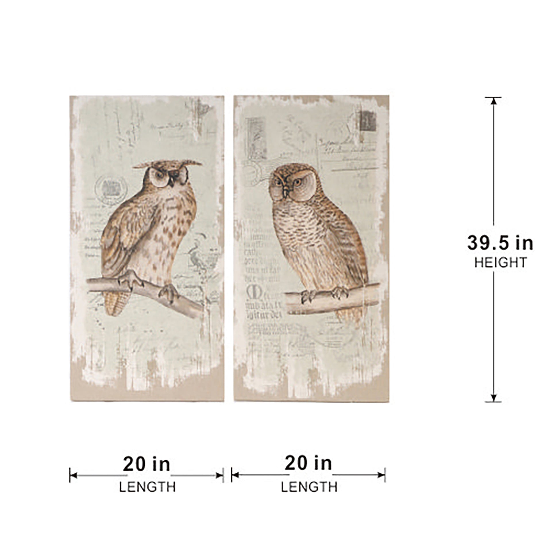 Set Of 2 Lilith Owl Prints With Distressed Look, Rectangle Animal Hanging Wall Art 39.5X20" Rectangle Multicolor Antique,Art Deco,Coastal,Farmhouse,Rustic Mdf Wood Animals