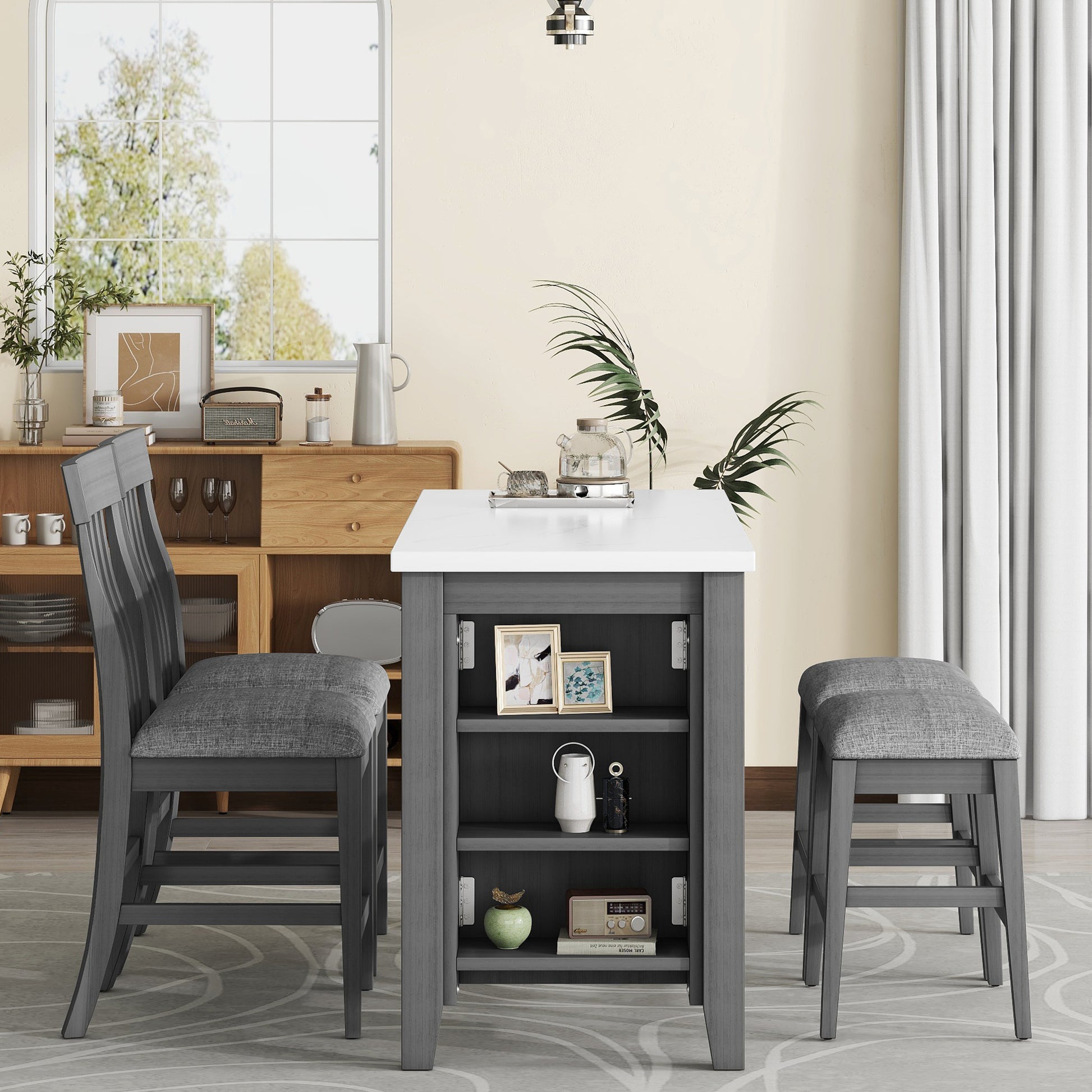 5 Piece Counter Height Dining Table Set With Built In Storage Shelves,Grey Grey Mdf