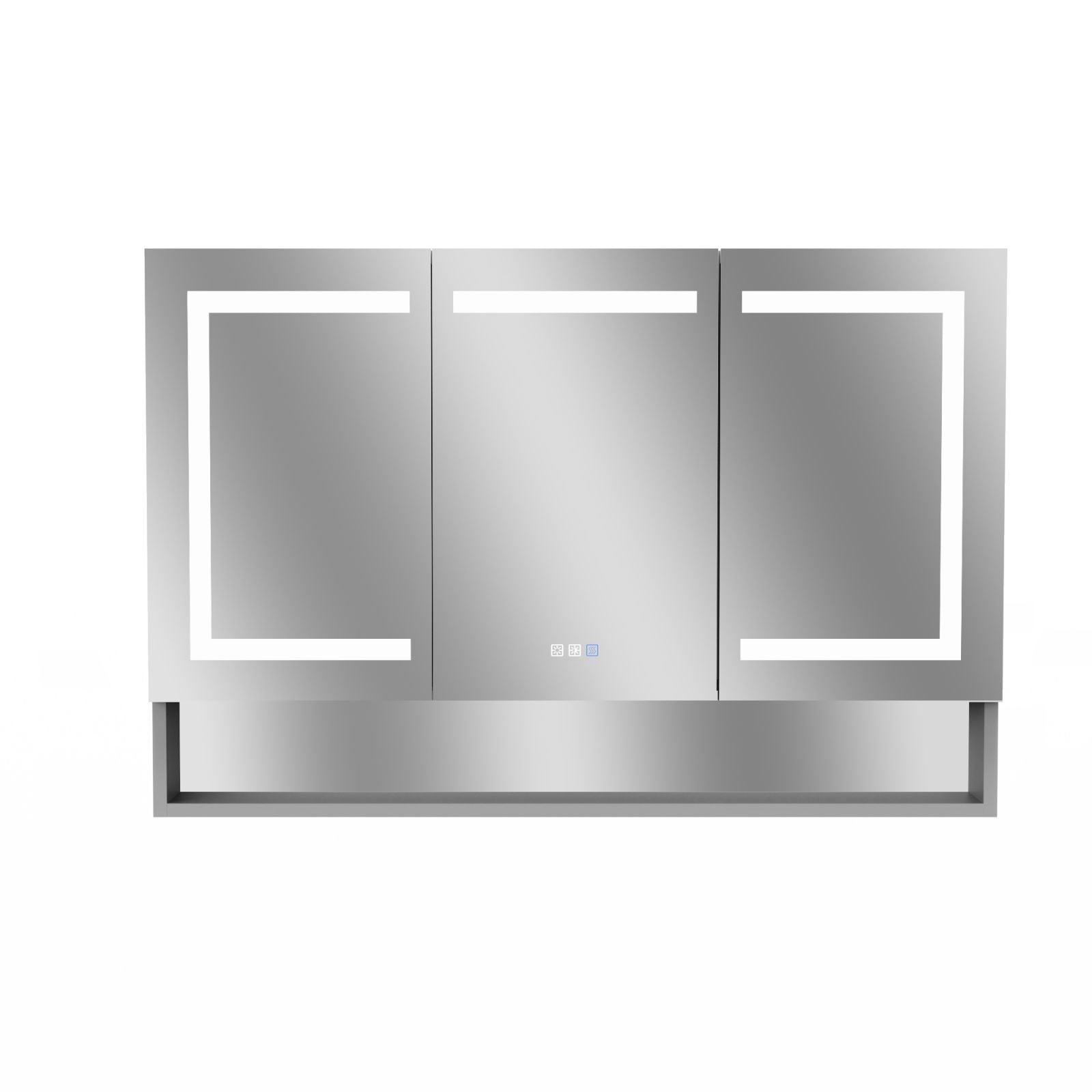 Lighted Medicine Cabinet 48 X 32 Inch, Recessed Or Surfaceclock, Room Temp Display,Defog,Night Light,Stepless Dimming,3000K 6400K, Outlets & Usbs,Double Sided Mirror.Silver External Storage Shelf. Silver Aluminium