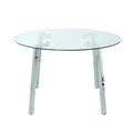 Modern Simple Table With A Glass Round Table And Six Chairs. Transparent Tempered Glass Table Top, Electroplated Table Legs, Bow Chair Legs Set Of 7 Light Yellow Round Glass Metal