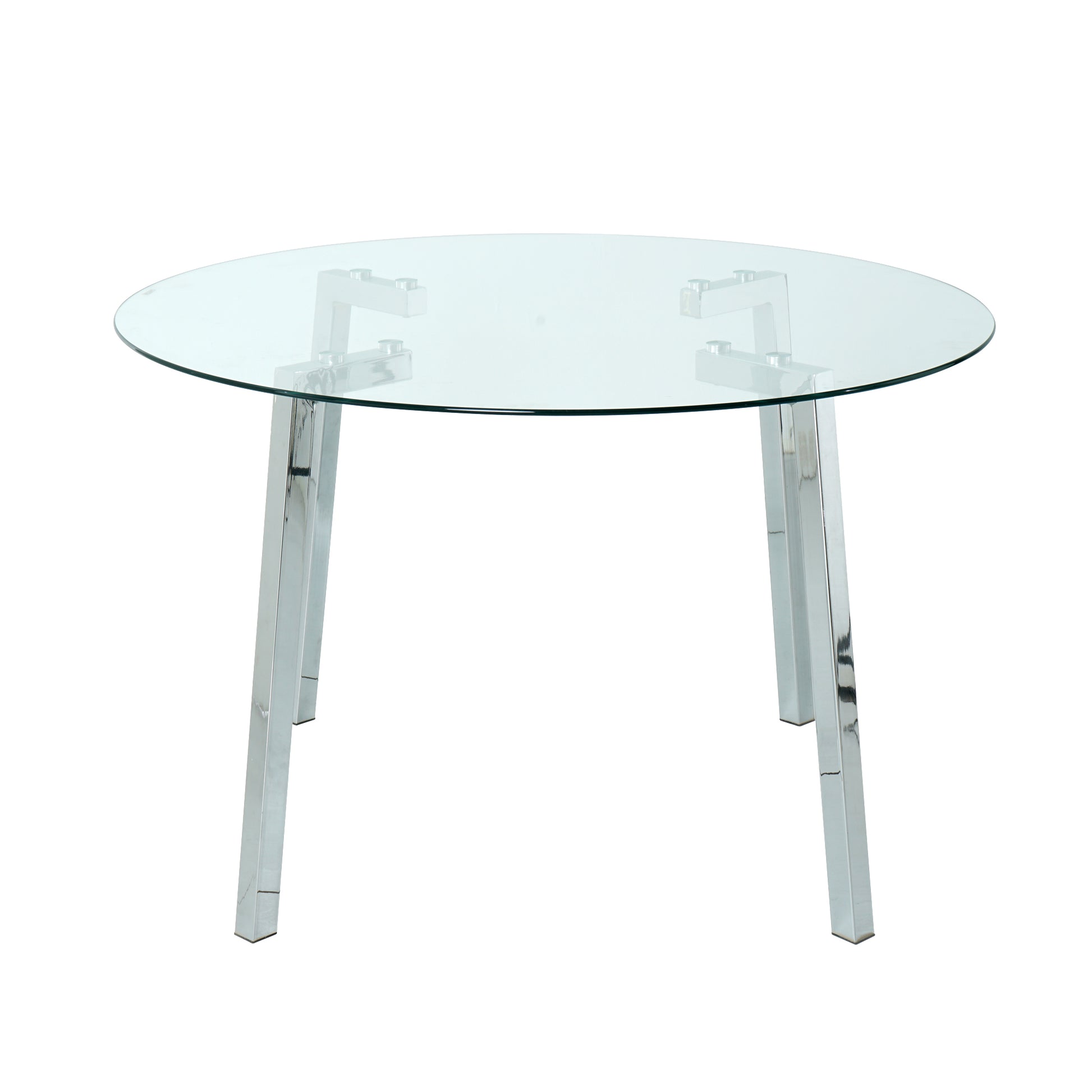 Modern Simple Table With A Glass Round Table And Six Chairs. Transparent Tempered Glass Table Top, Electroplated Table Legs, Bow Chair Legs Set Of 7 Light Yellow Round Glass Metal