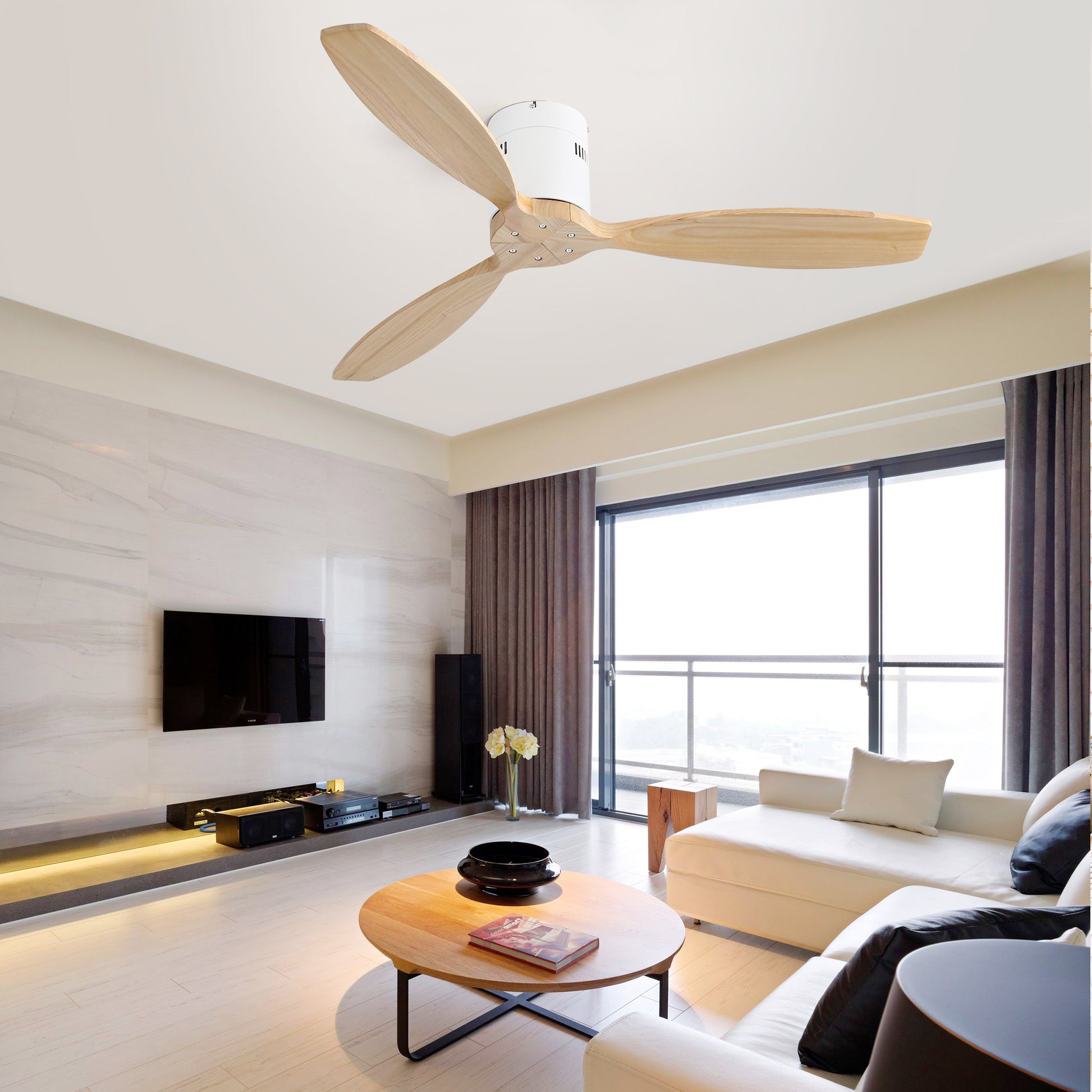 52 Inch Indoor 3 Solid Wood Blade Ceiling Fan Noiseless Reversible Dc Motor Remote Control White Metal & Wood