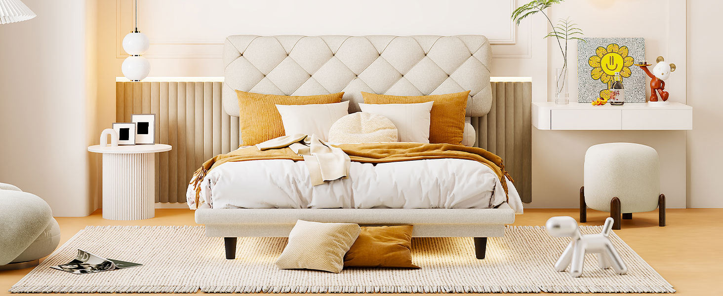 Full Size Upholstered Bed with Light Stripe, Floating full-beige-linen