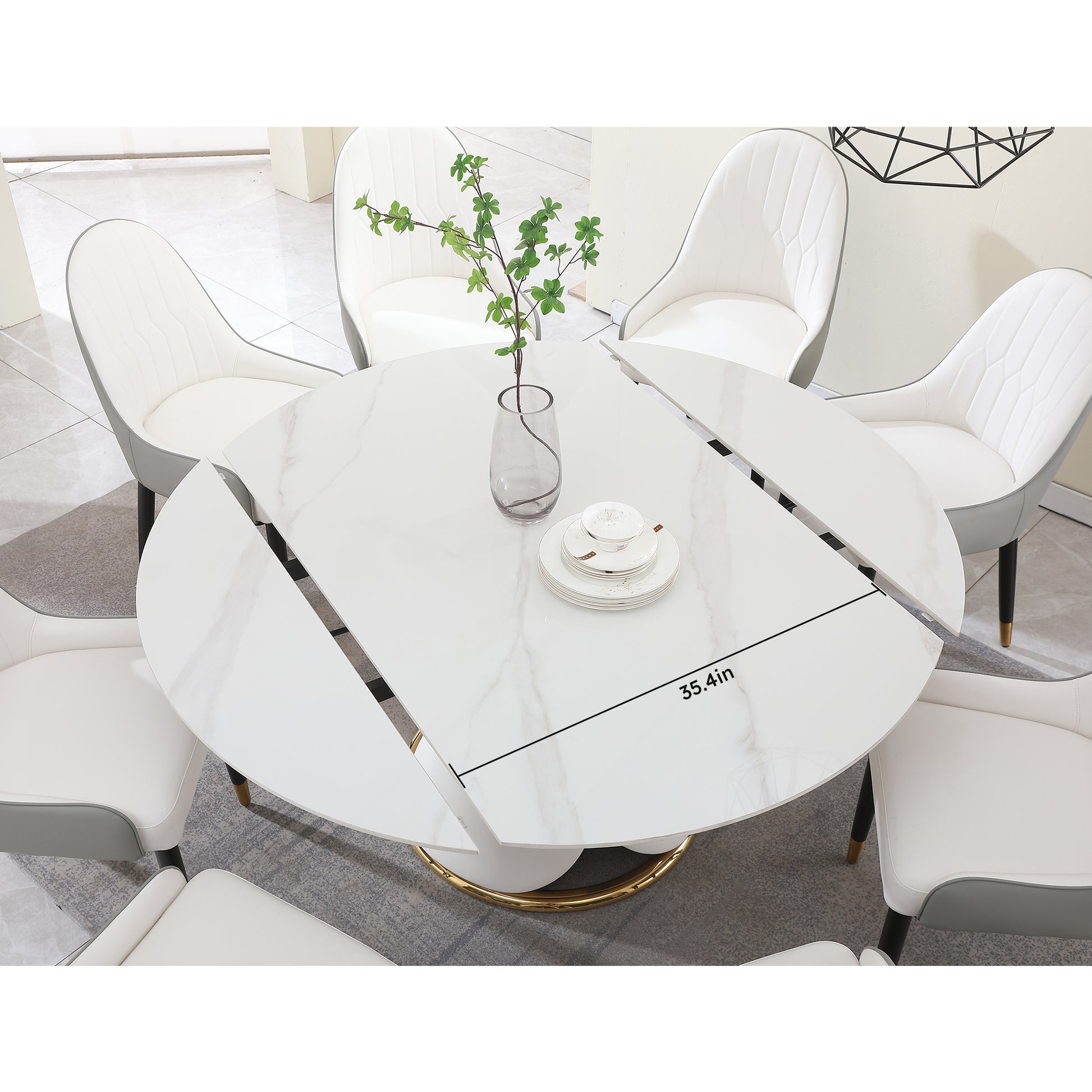 Fashion Modern Sinntered Stone Dining Table With Simple And Multi Functional Retractable Dining Table With 8 Pcs Chairs Beige White Sintered Stone