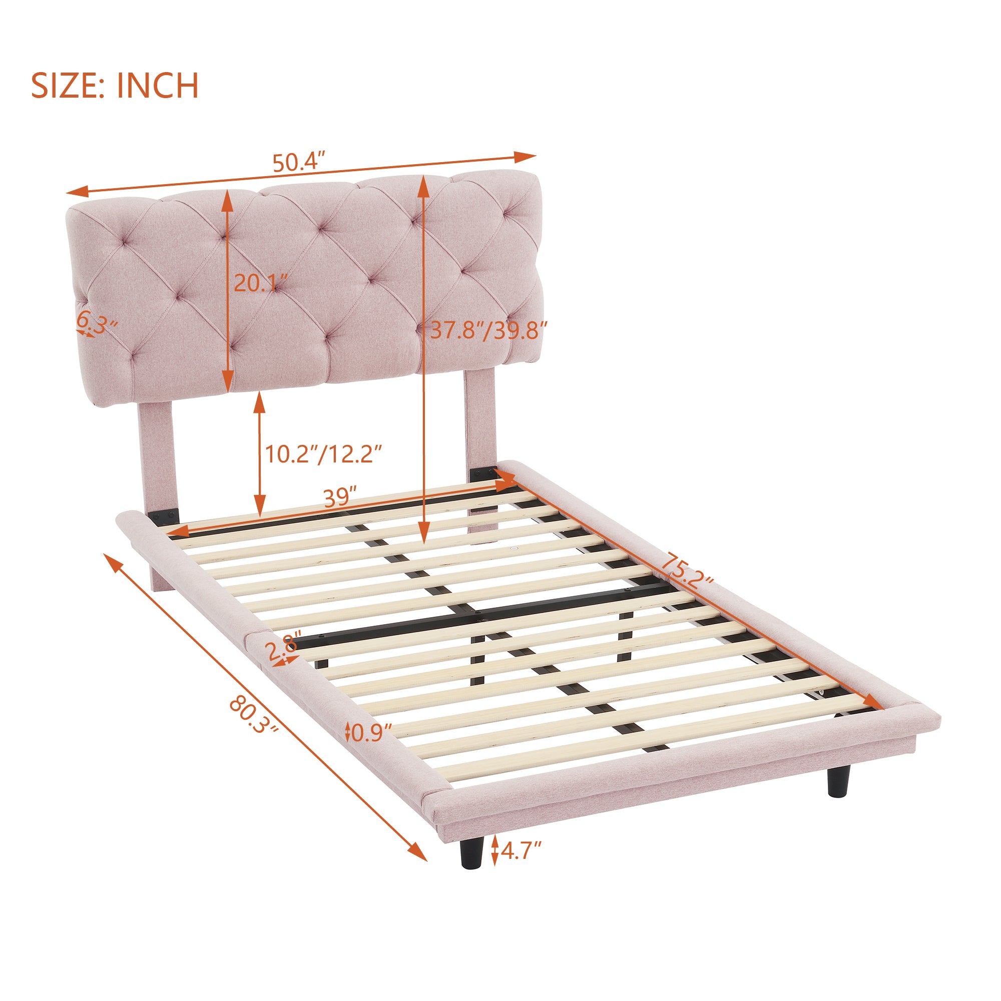 Twin Size Upholstered Bed with Light Stripe, Floating pink-linen