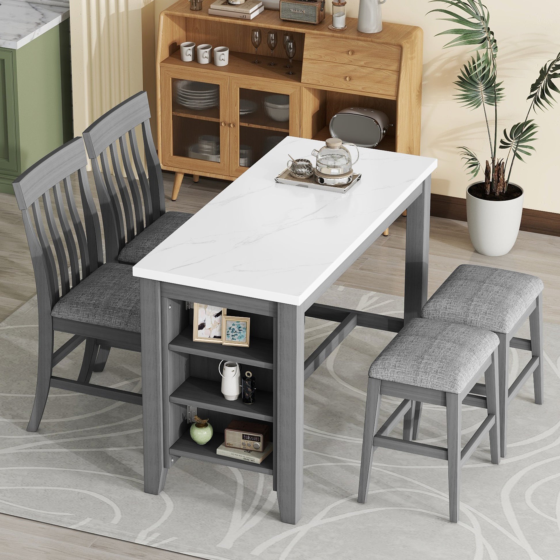 5 Piece Counter Height Dining Table Set With Built In Storage Shelves,Grey Grey Mdf