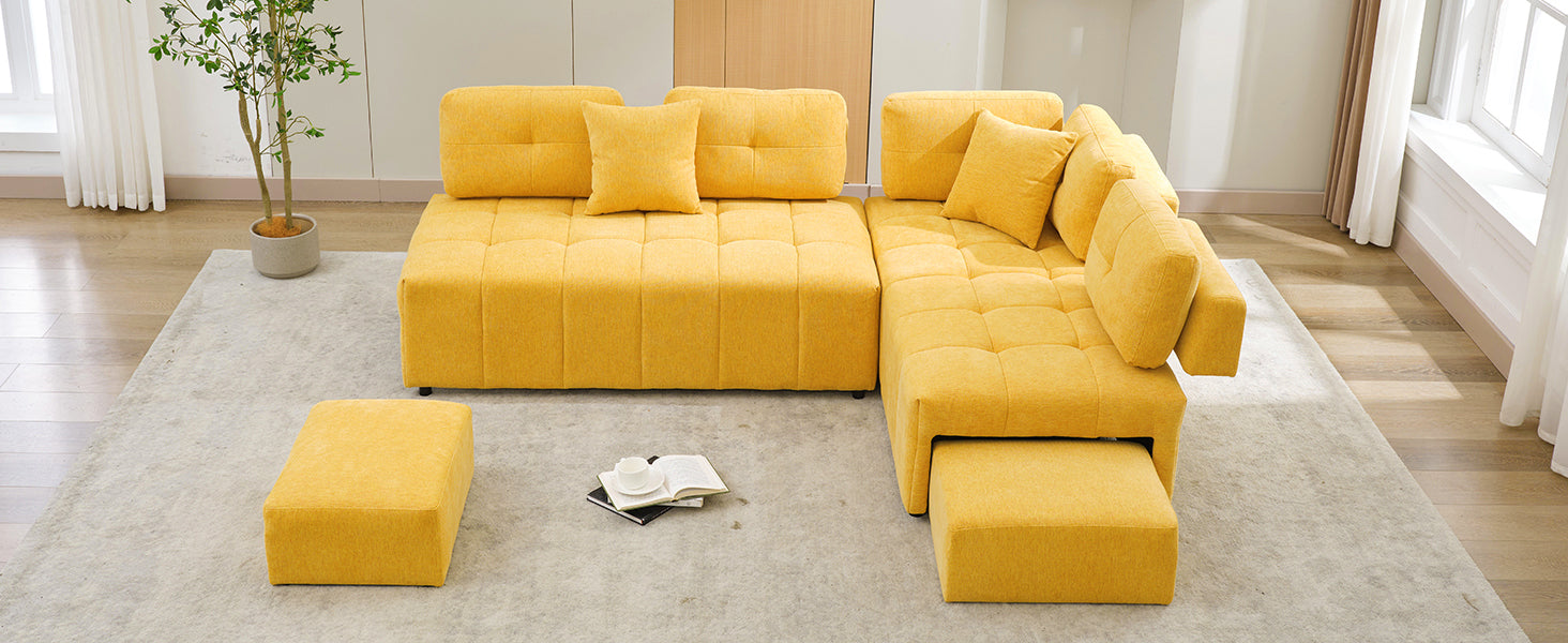 91.73" L Shaped Sofa Sectional Sofa Couch With 2 Stools And 2 Lumbar Pillows For Living Room, Yellow Yellow Chenille