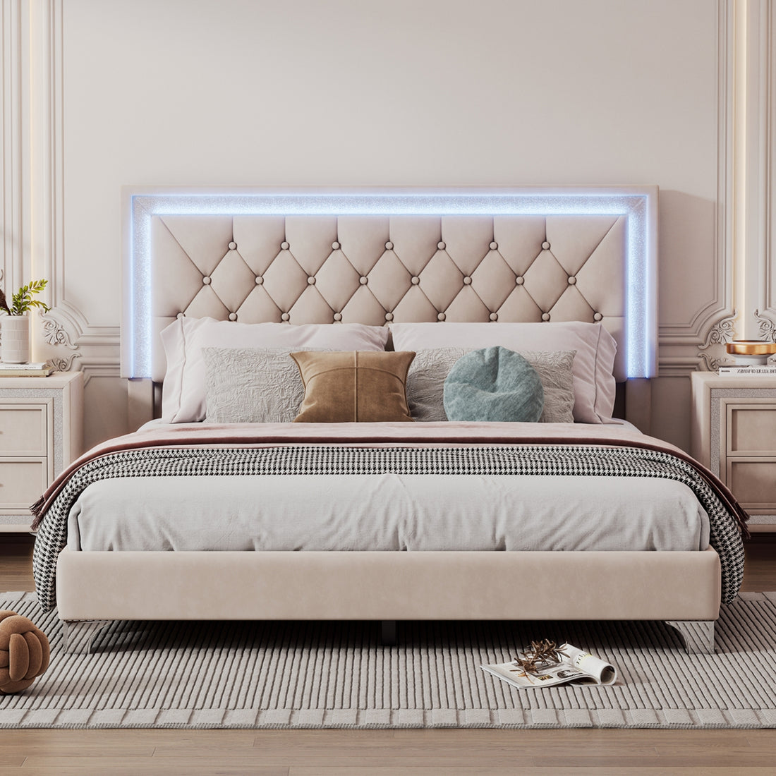 Queen Size Upholstered Bed Frame With Led Lights,Modern Velvet Platform Bed With Tufted Headboard,Beige Beige Velvet