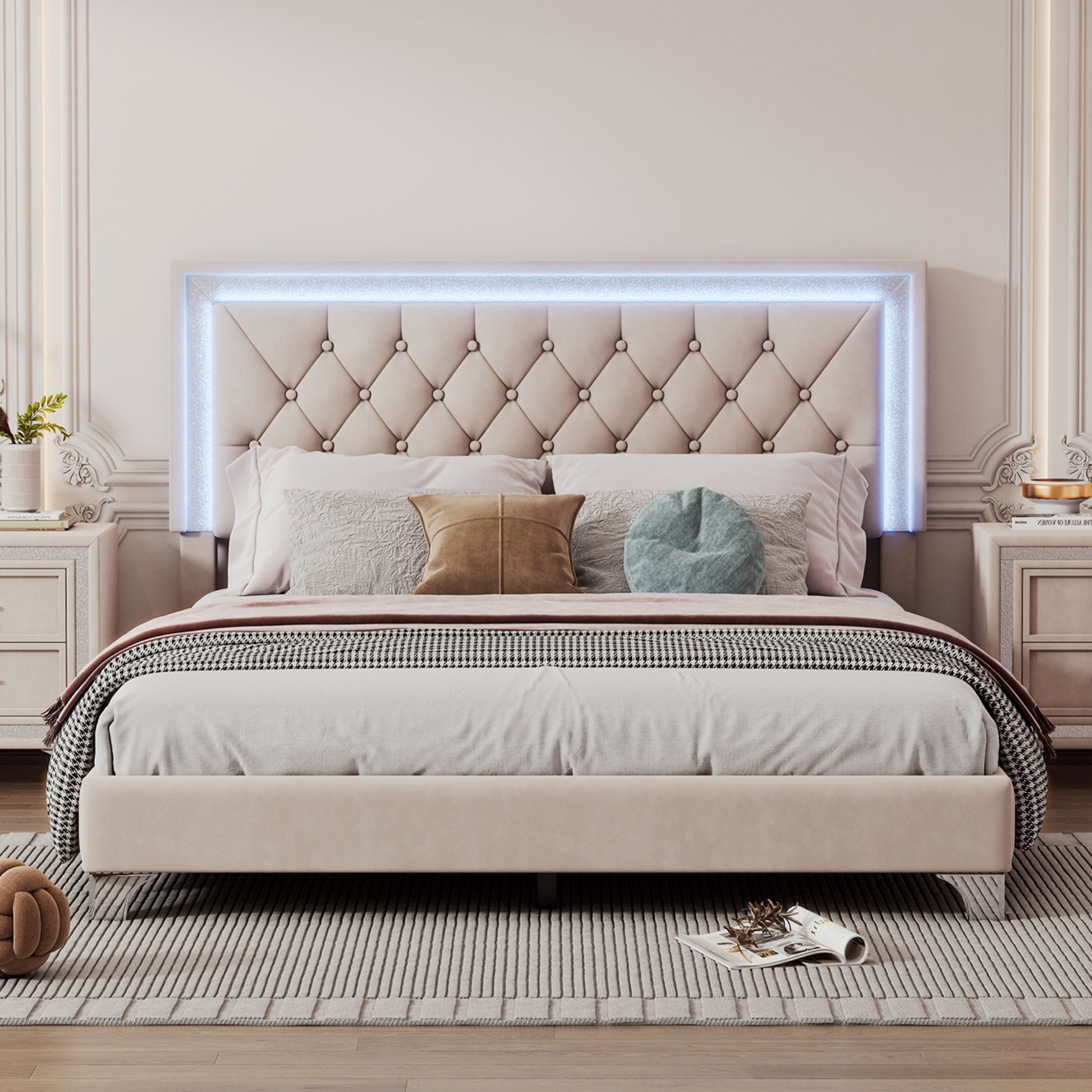 Queen Size Upholstered Bed Frame With Led Lights,Modern Velvet Platform Bed With Tufted Headboard,Beige Beige Velvet