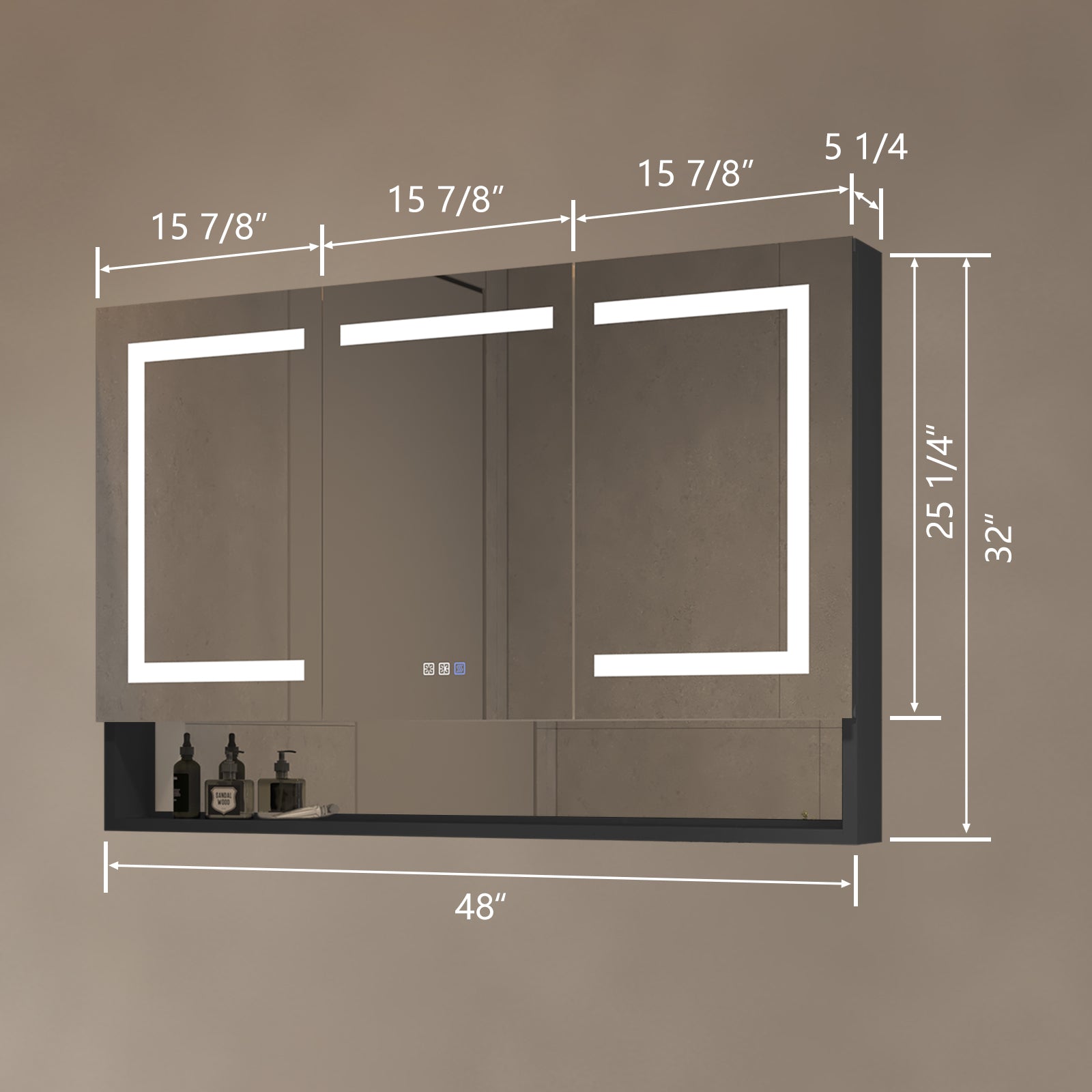 Lighted Medicine Cabinet 48 X 32 Inch, Recessed Or Surfaceclock, Room Temp Display,Defog,Night Light,Stepless Dimming,3000K 6400K, Outlets & Usbs,Double Sided Mirror.Black External Storage Shelf. Silver Aluminium