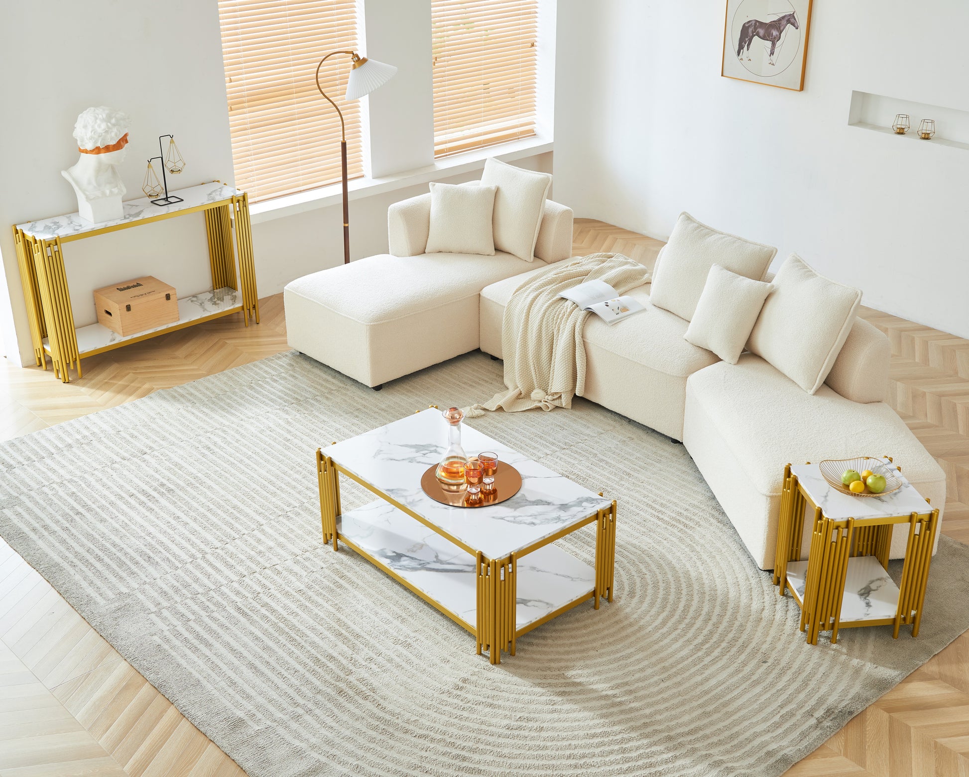 2 Tier Faux Marbling Coffee Table With Storage Shelf For Small Apartment Living Room, Modern Rectangle Wood And Stable Metal Tv Stand Side End Table Gold Primary Living Space Modern Rectangular Open Storage Coffee & End Tables Mdf Metal