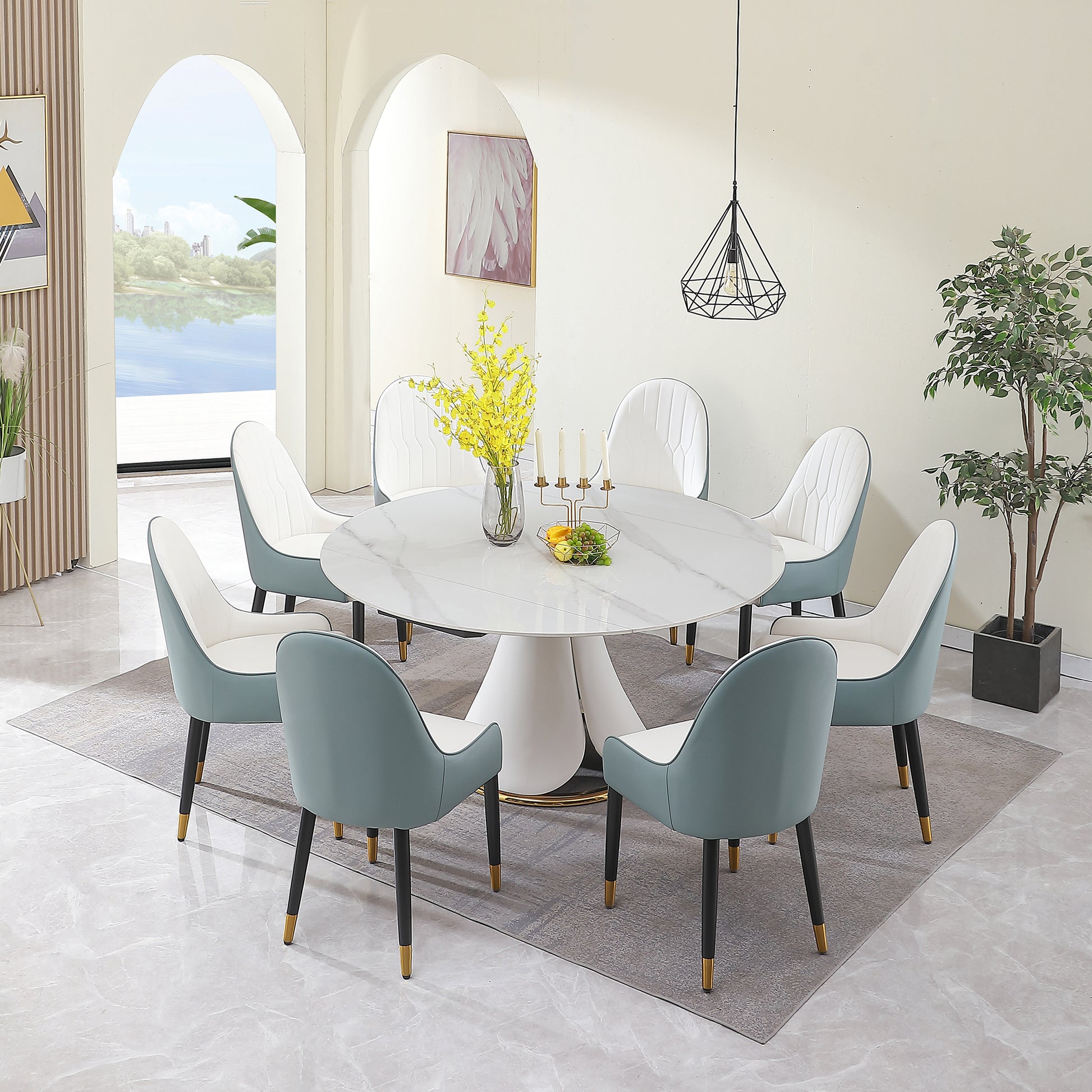 Fashion Modern Sinntered Stone Dining Table With Simple And Multi Functional Retractable Dining Table With 8Pcs Chairs White Sintered Stone