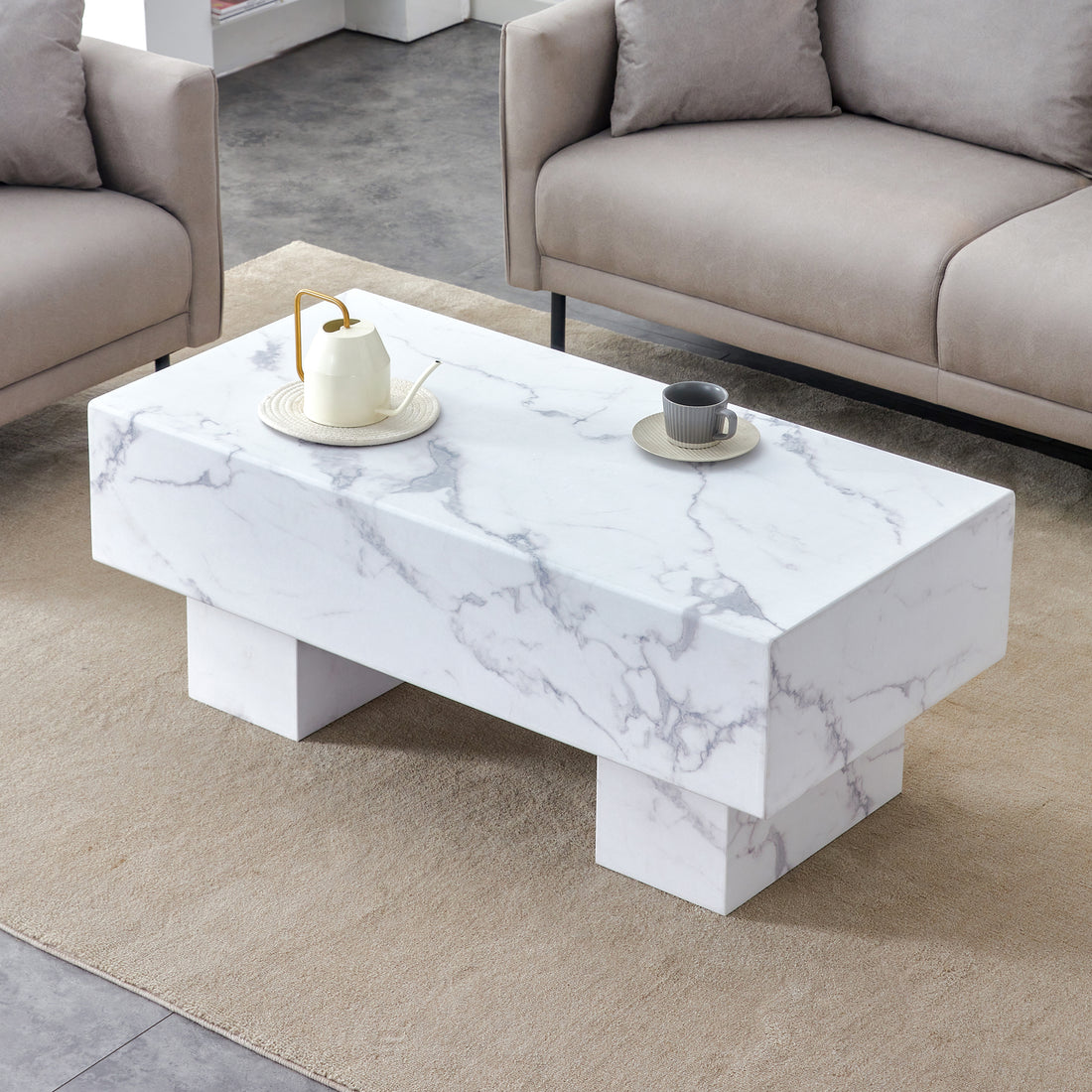 The White Coffee Table Has Patterns. Modern Rectangular Table, Suitable For Living Rooms And Apartments. 43.3"*21.6"*17.2" White Mdf