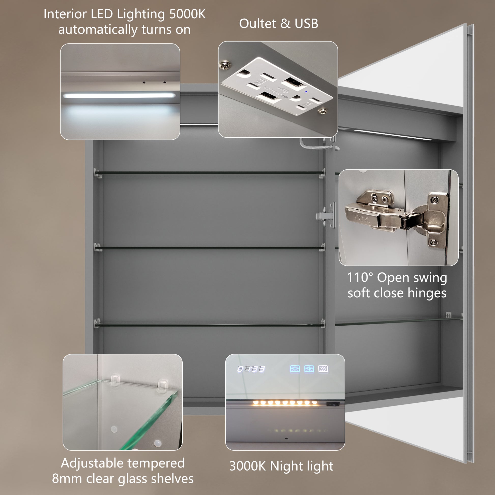 Lighted Medicine Cabinet 24 X 32 Inch, Recessed Or Surface Led Medicine Cabinet, Clock, Room Temp Display,Defog,Night Light,Stepless Dimming,3000K 6400K, Outlets & Usbs,Hinge On The Right. Silver Aluminium