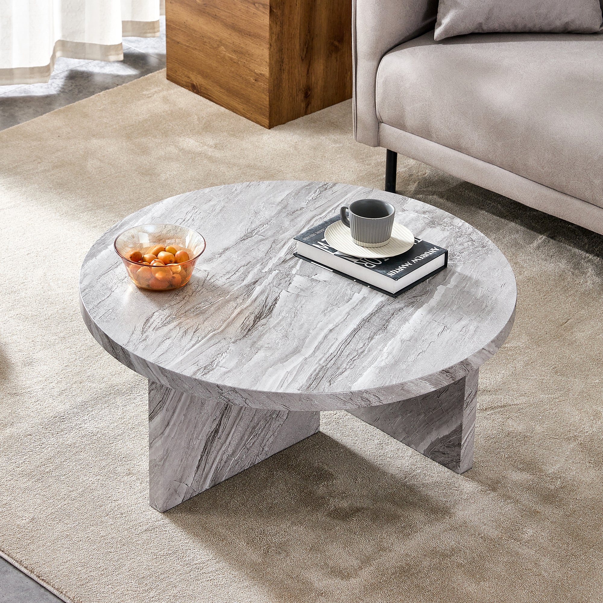 Gray Mdf Material Circular Textured Coffee Table, 31.4 Inch Gray Middle Table, Modern Coffee Table, Suitable For Small Spaces, Living Room. Gray Mdf