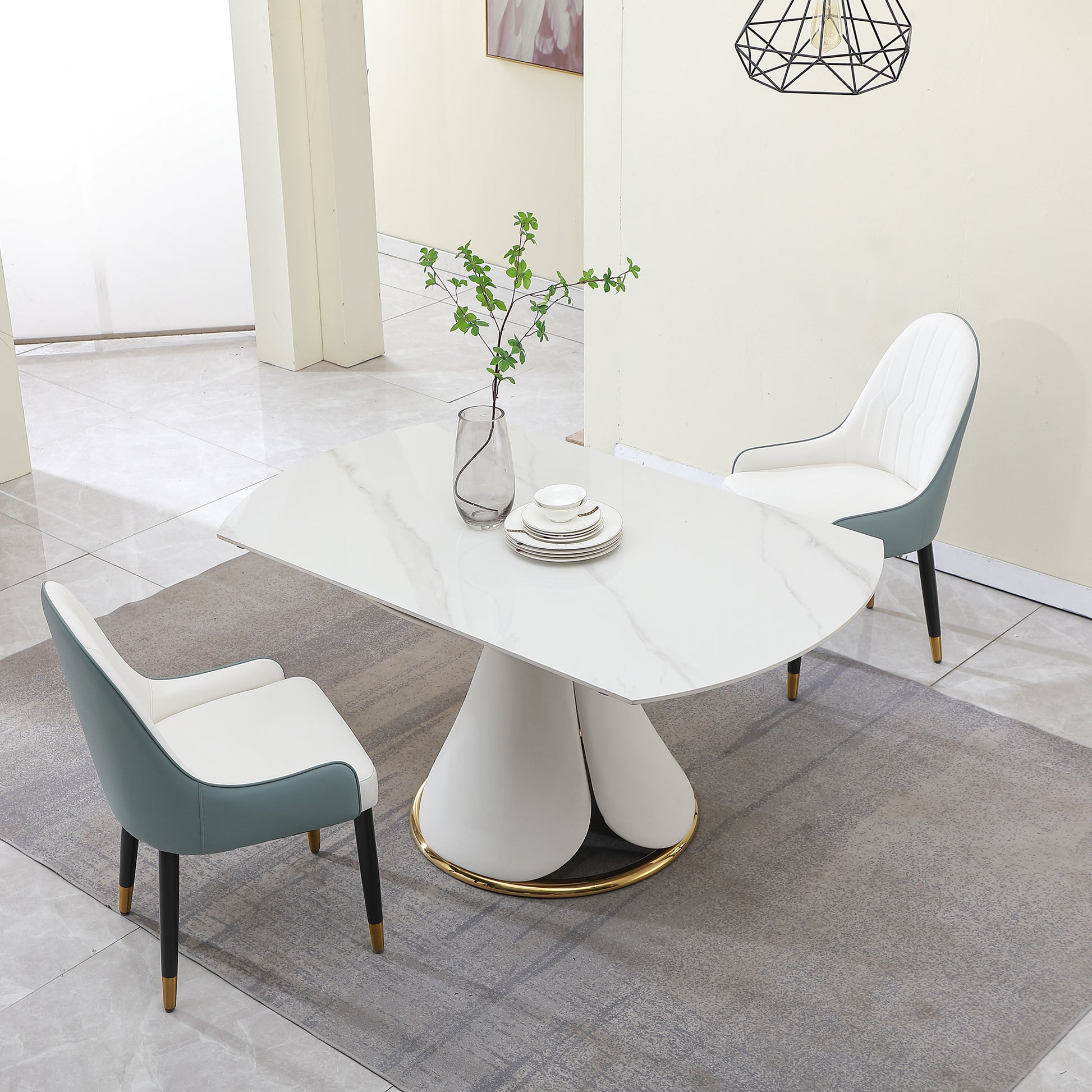 Fashion Modern Sinntered Stone Dining Table With Simple And Multi Functional Retractable Dining Table With 8Pcs Chairs White Sintered Stone