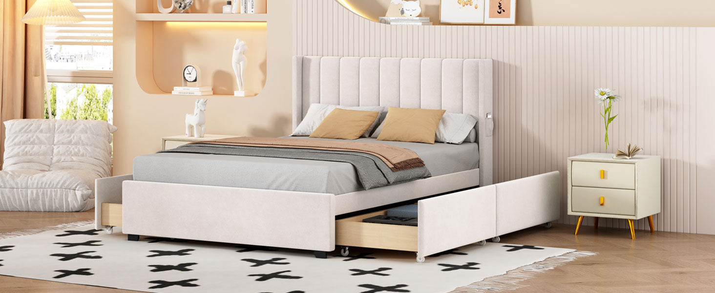 Full Size Upholstered Bed with 4 Drawers, Beige beige-velvet
