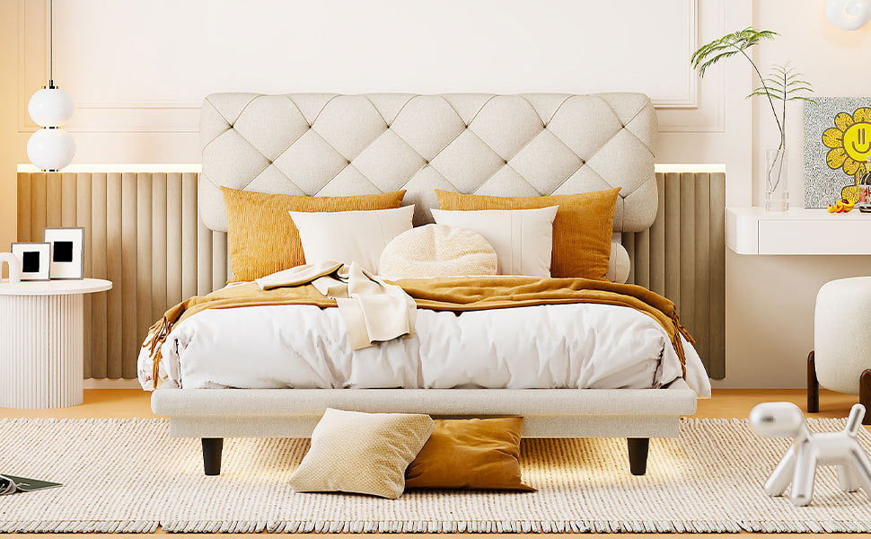 Full Size Upholstered Bed with Light Stripe, Floating full-beige-linen