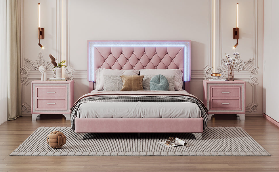 Full Size Upholstered Bed Frame With Led Lights,Modern Velvet Platform Bed With Tufted Headboard,Pink Pink Velvet