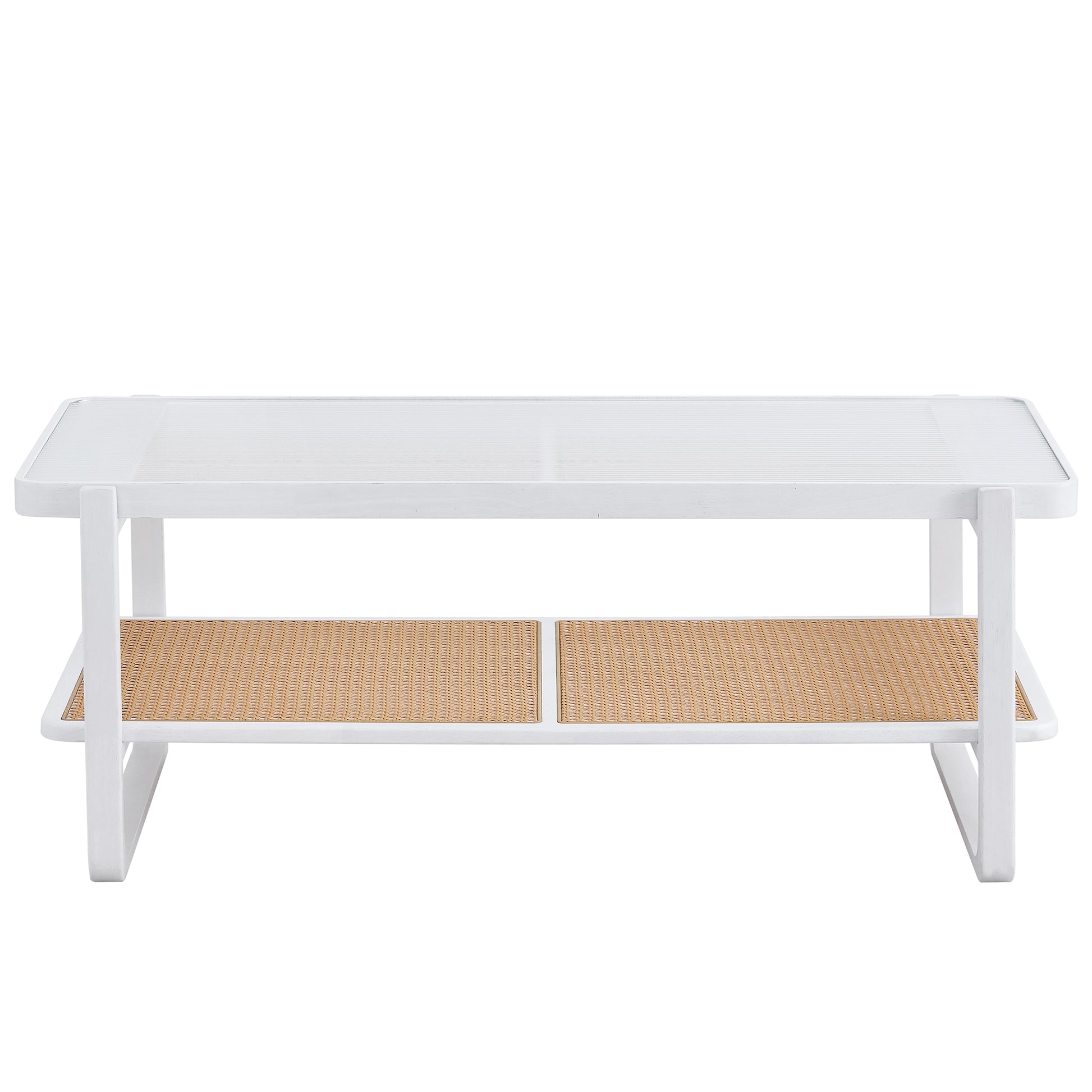 Modern Minimalist White Double Layered Solid Wood Coffee Table. Glass Tabletop, Imitation Rattan Edge Table. Rectangular Table Suitable For Living Room, Dining Room, And Bedroom White Wood