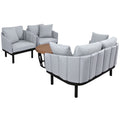 Luxury Modern 4 Piece Outdoor Iron Frame Conversation Set, Patio Chat Set With Acacia Wood Round Coffee Table For Backyard, Deck, Poolside, Indoor Use, Loveseat Arm Chairs, Gray Yes Sectional Gray Weather Resistant Frame Water Resistant Cushion Garden &