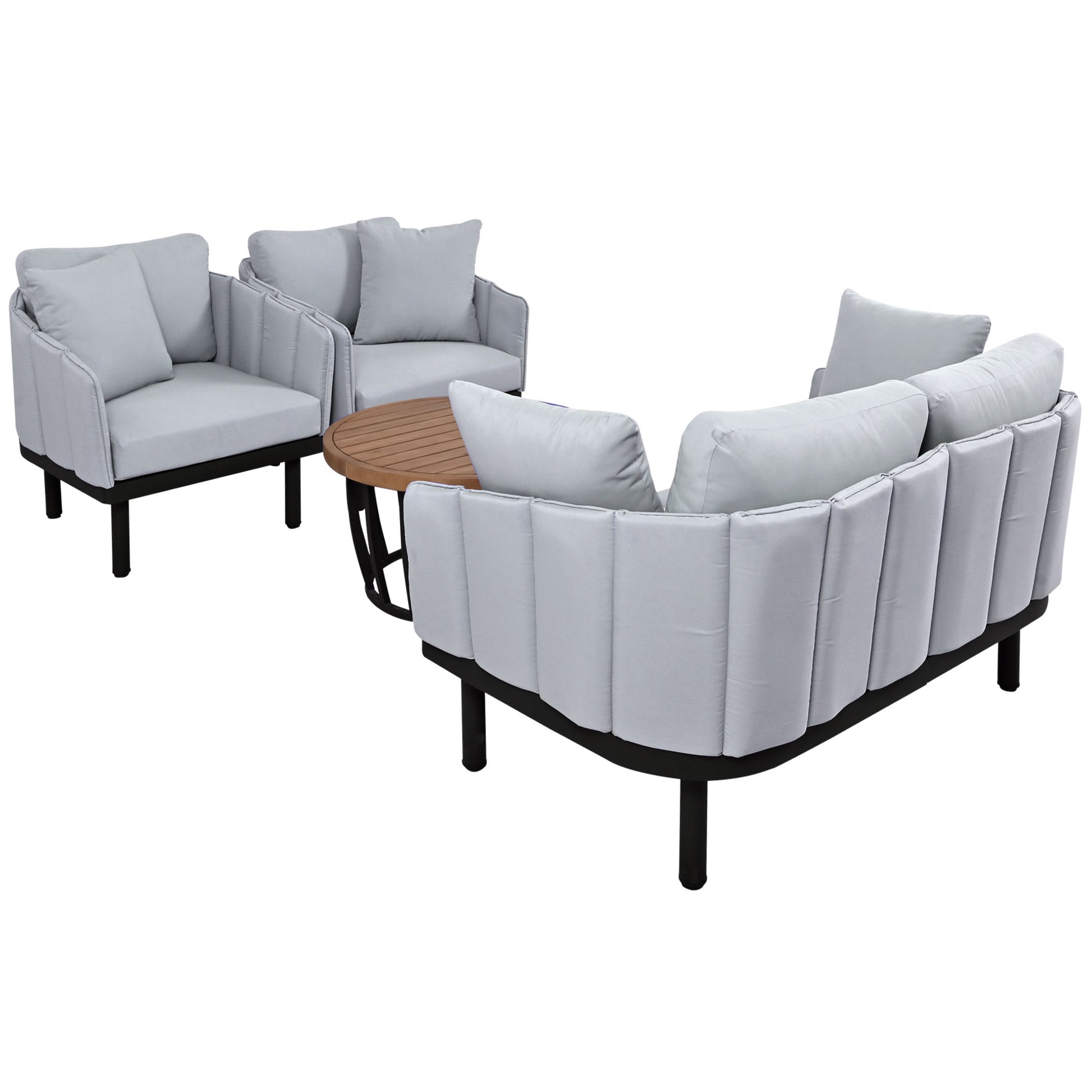 Luxury Modern 4 Piece Outdoor Iron Frame Conversation Set, Patio Chat Set With Acacia Wood Round Coffee Table For Backyard, Deck, Poolside, Indoor Use, Loveseat Arm Chairs, Gray Yes Sectional Gray Weather Resistant Frame Water Resistant Cushion Garden &