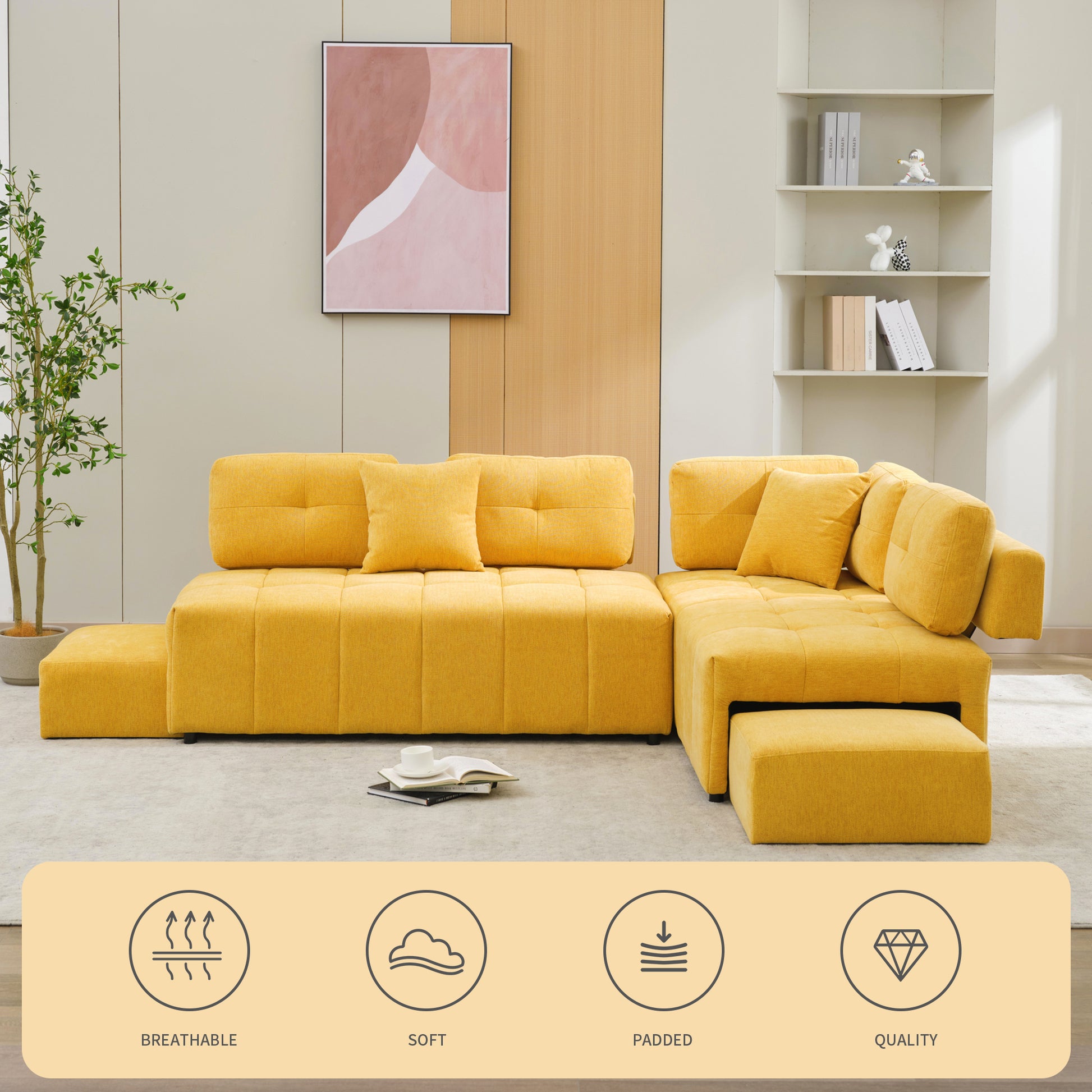 91.73" L Shaped Sofa Sectional Sofa Couch With 2 Stools And 2 Lumbar Pillows For Living Room, Yellow Yellow Chenille