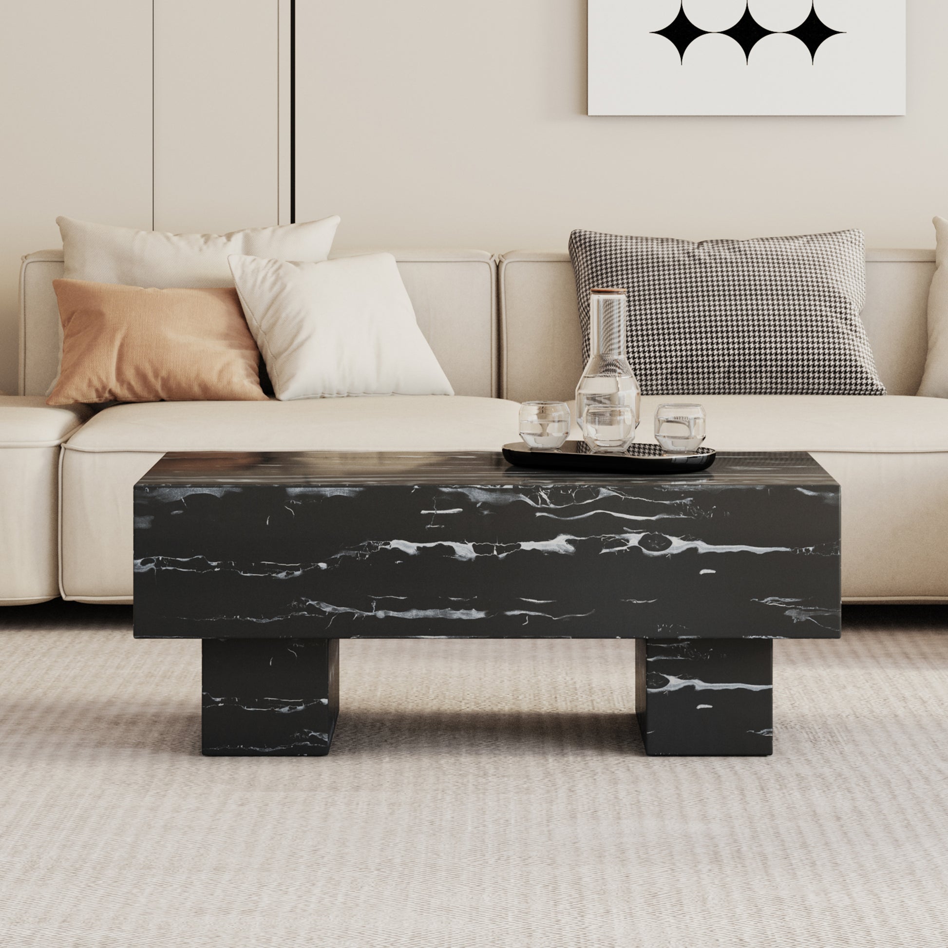 The Black Coffee Table Has Patterns. Modern Rectangular Table, Suitable For Living Rooms And Apartments. 43.3"*21.6"*17.2" Black Mdf