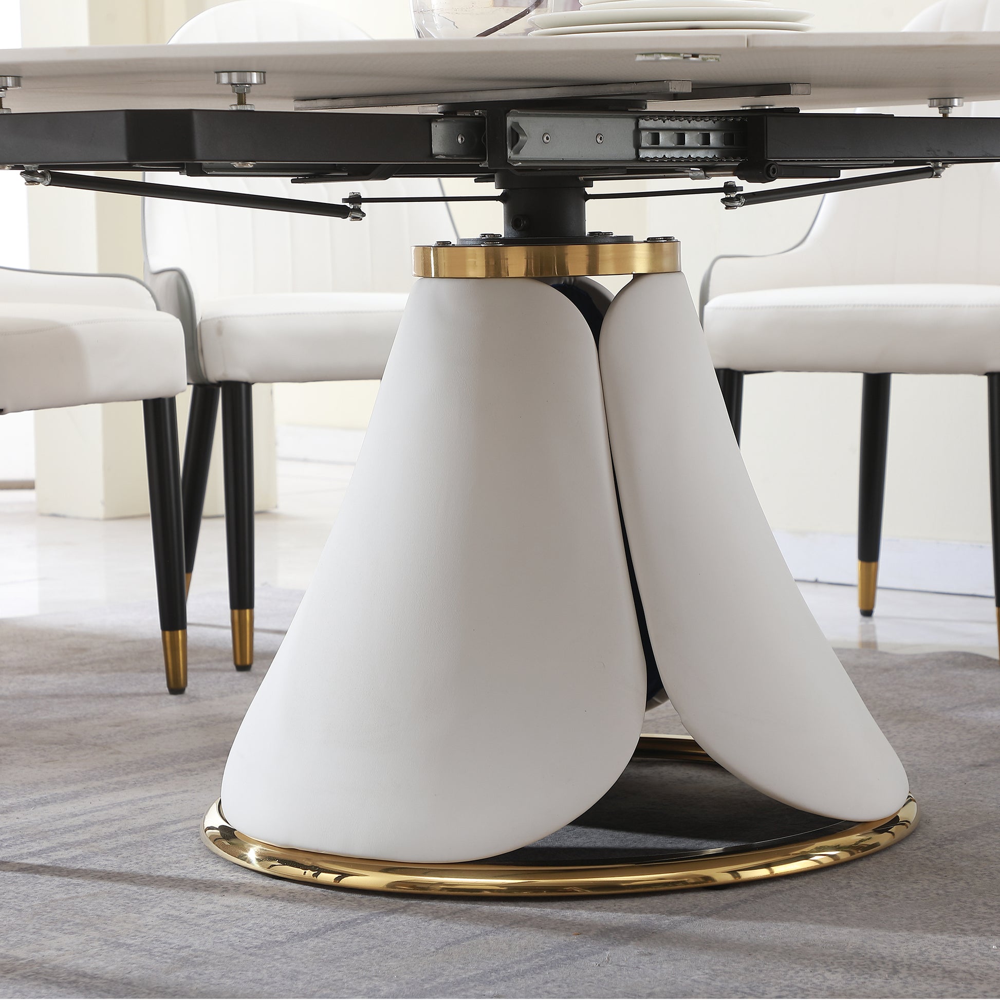 Fashion Modern Sinntered Stone Dining Table With Simple And Multi Functional Retractable Dining Table With 8 Pcs Chairs Beige White Sintered Stone