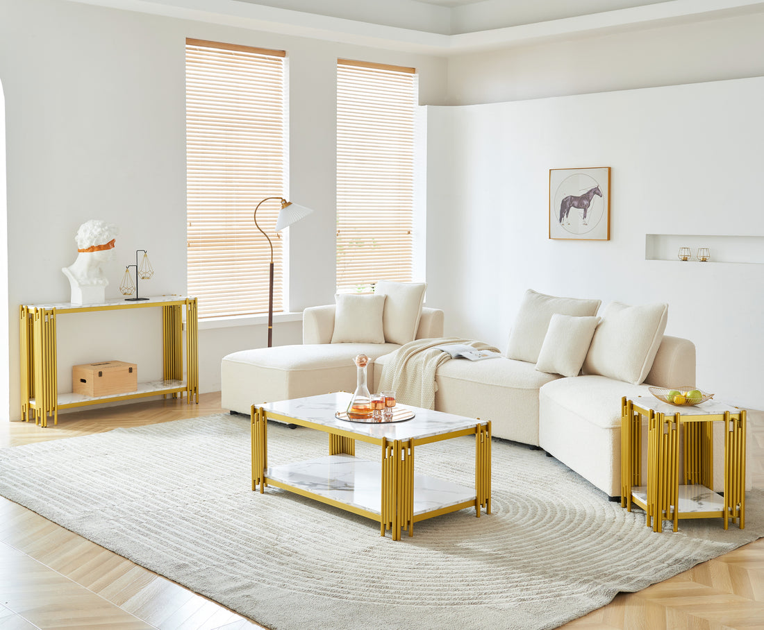 2 Tier Faux Marbling Coffee Table With Storage Shelf For Small Apartment Living Room, Modern Rectangle Wood And Stable Metal Tv Stand Side End Table Gold Primary Living Space Modern Rectangular Open Storage Coffee & End Tables Mdf Metal