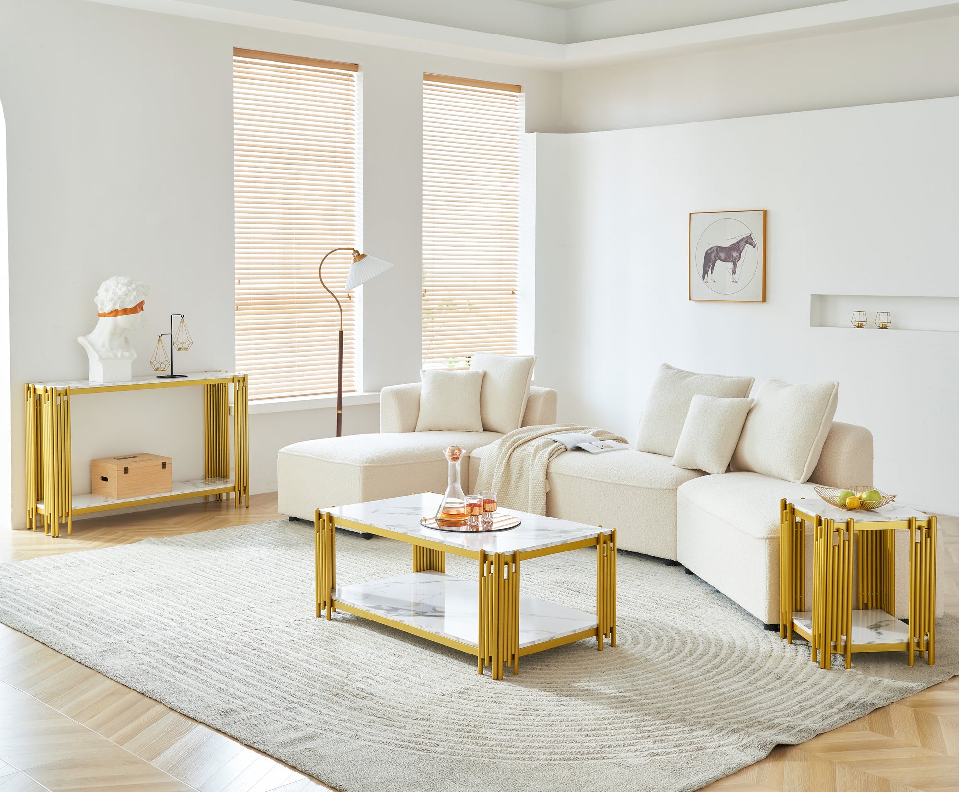 2 Tier Faux Marbling Coffee Table With Storage Shelf For Small Apartment Living Room, Modern Rectangle Wood And Stable Metal Tv Stand Side End Table Gold Primary Living Space Modern Rectangular Open Storage Coffee & End Tables Mdf Metal