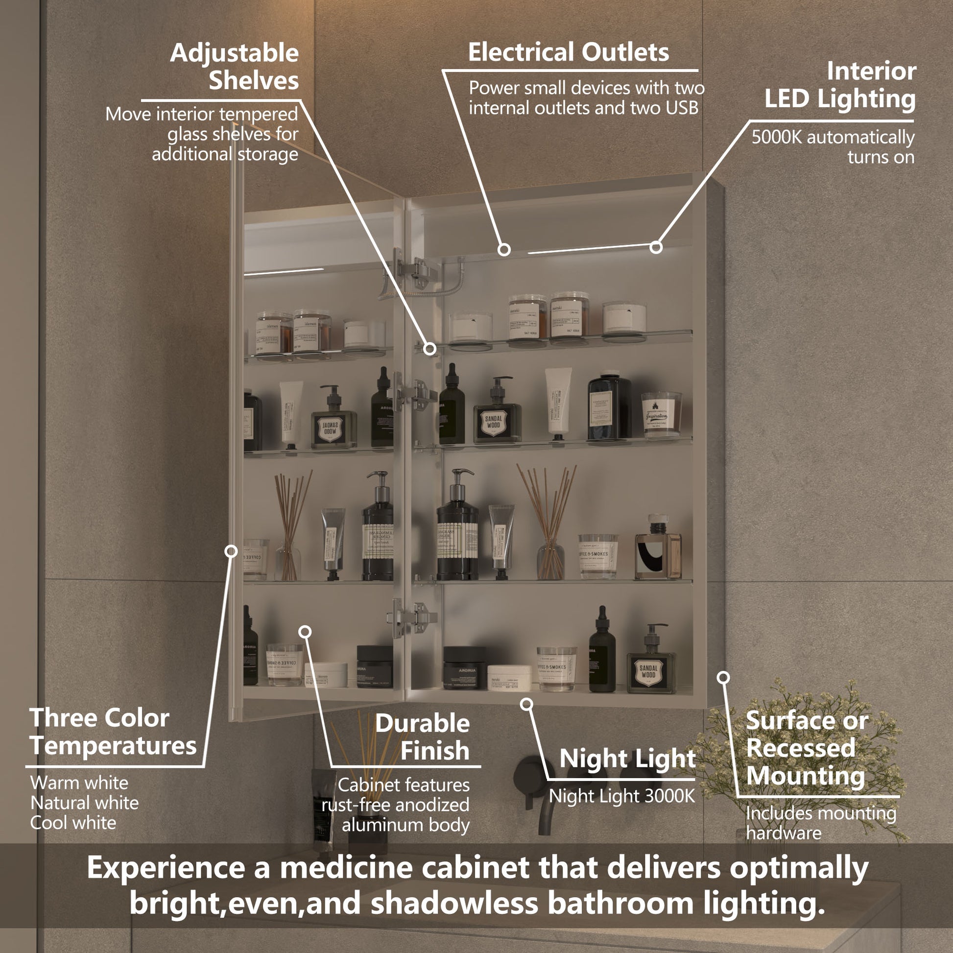 Lighted Medicine Cabinet 20 X 32 Inch, Recessed Or Surface Led Medicine Cabinet, Clock, Room Temp Display,Defog,Night Light,Stepless Dimming,3000K 6400K, Outlets & Usbs,Hinge On The Left Silver Aluminium