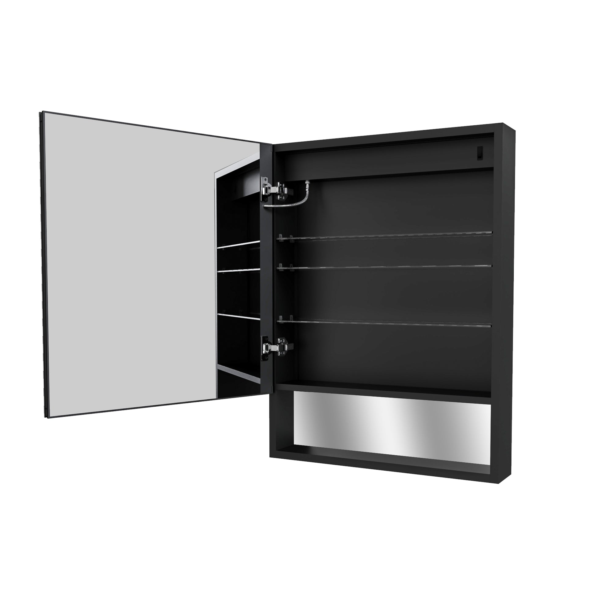 Lighted Medicine Cabinet 24 X 32 Inch, Recessed Or Surface,Clock, Room Temp Display,Defog,Night Light,Stepless Dimming,3000K 6400K, Outlets & Usbs,Hinge On The Left.With External Storage Shelf. Black Aluminium