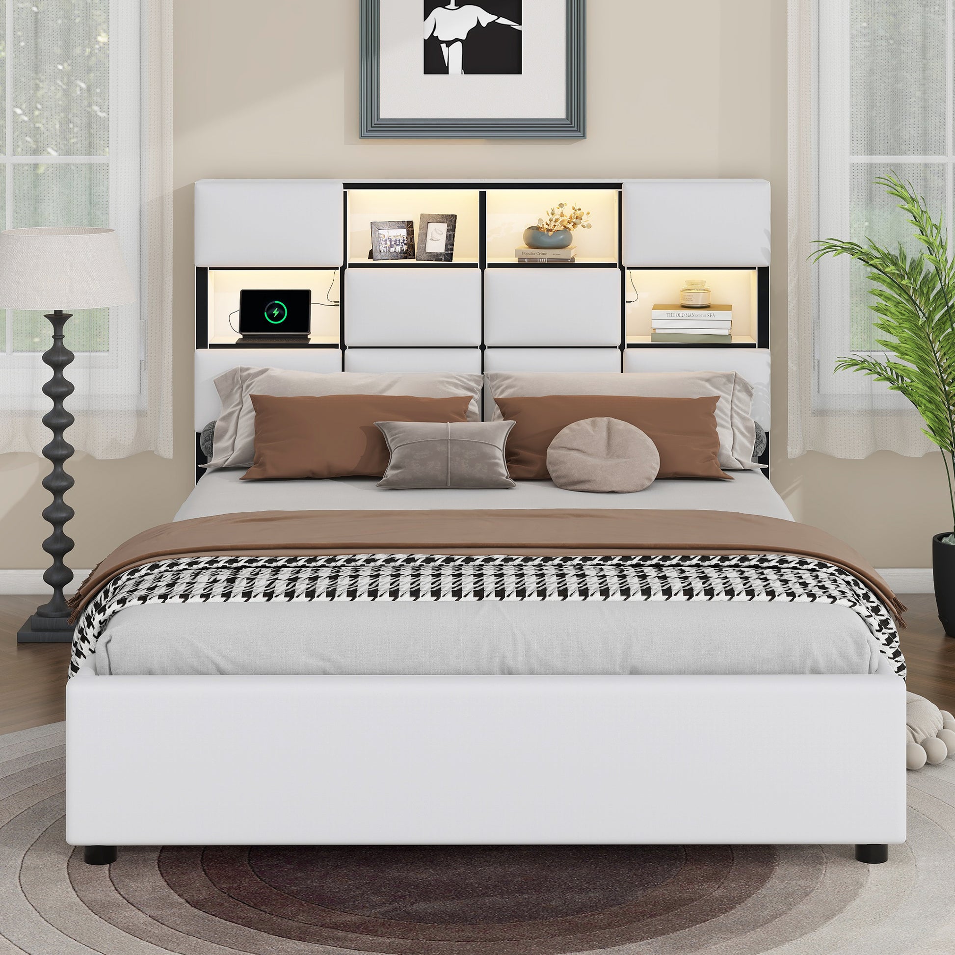 Queen Size Upholstered Platform Bed With Led, Storage And Usb, Beige Box Spring Not Required Queen Beige Wood Bedroom Solid Wood Mdf