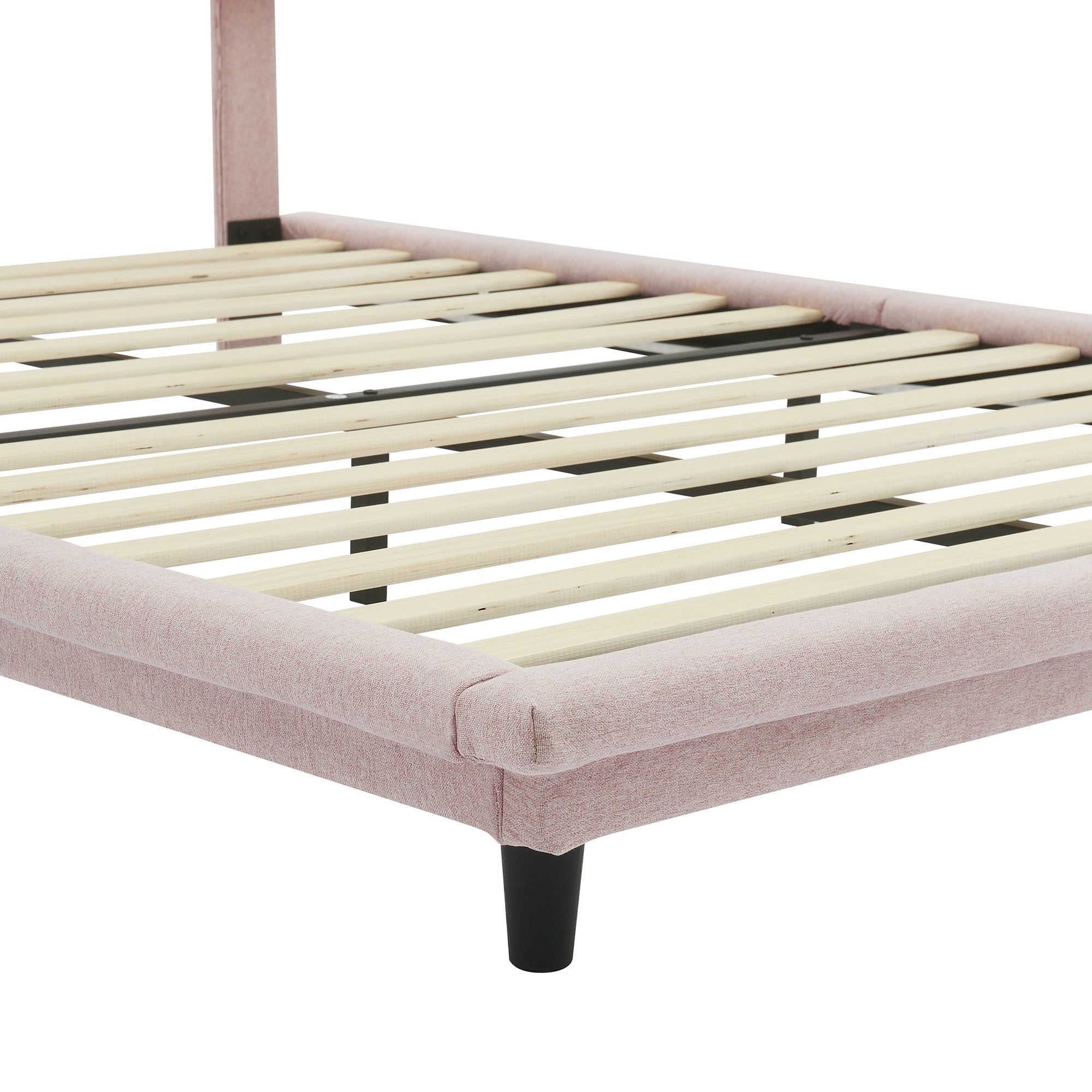 Full Size Upholstered Bed with Light Stripe, Floating full-pink-linen