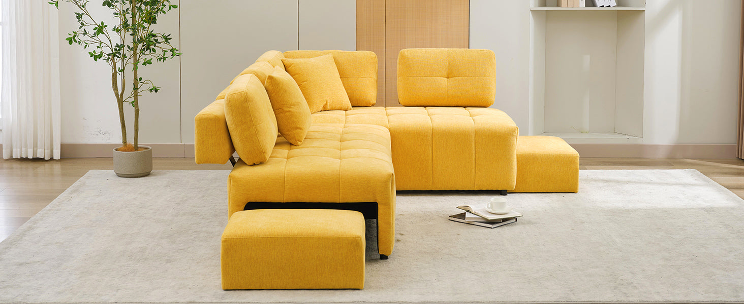 91.73" L Shaped Sofa Sectional Sofa Couch With 2 Stools And 2 Lumbar Pillows For Living Room, Yellow Yellow Chenille