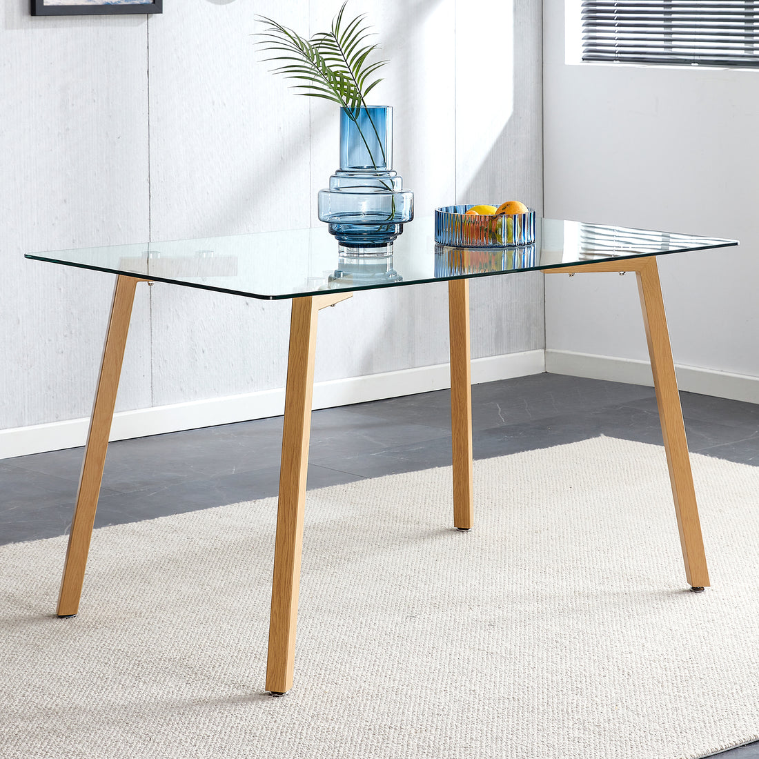 Glass Dining Table Modern Minimalist Rectangle, 4 6, 0.31 "Tempered Glass Tabletop With Wooden Coated Metal Legs, Writing Desk, Suitable For Kitchens, Restaurants, And Living Rooms, 51" W X 31"D X 30" Transparent Glass