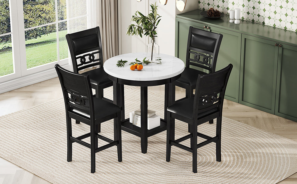 5 Piece Counter Height Dining Round Table Set With One Faux Marble Top Dining Table And Four Pu Leather Chairs,Dark Espresso Espresso Mdf