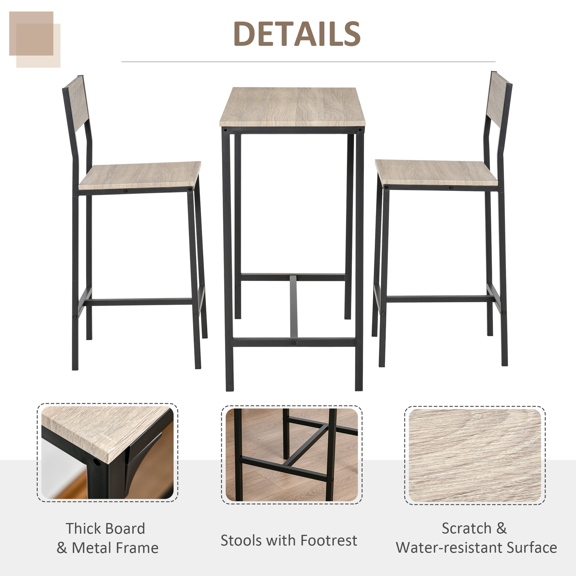 3 Piece Bar Table And Chairs, Industrial Dining Table Set For 2, Counter Height Kitchen Table With Bar Stools, Breakfast Table Set For 2 For Small Space, Natural Natural Mdf