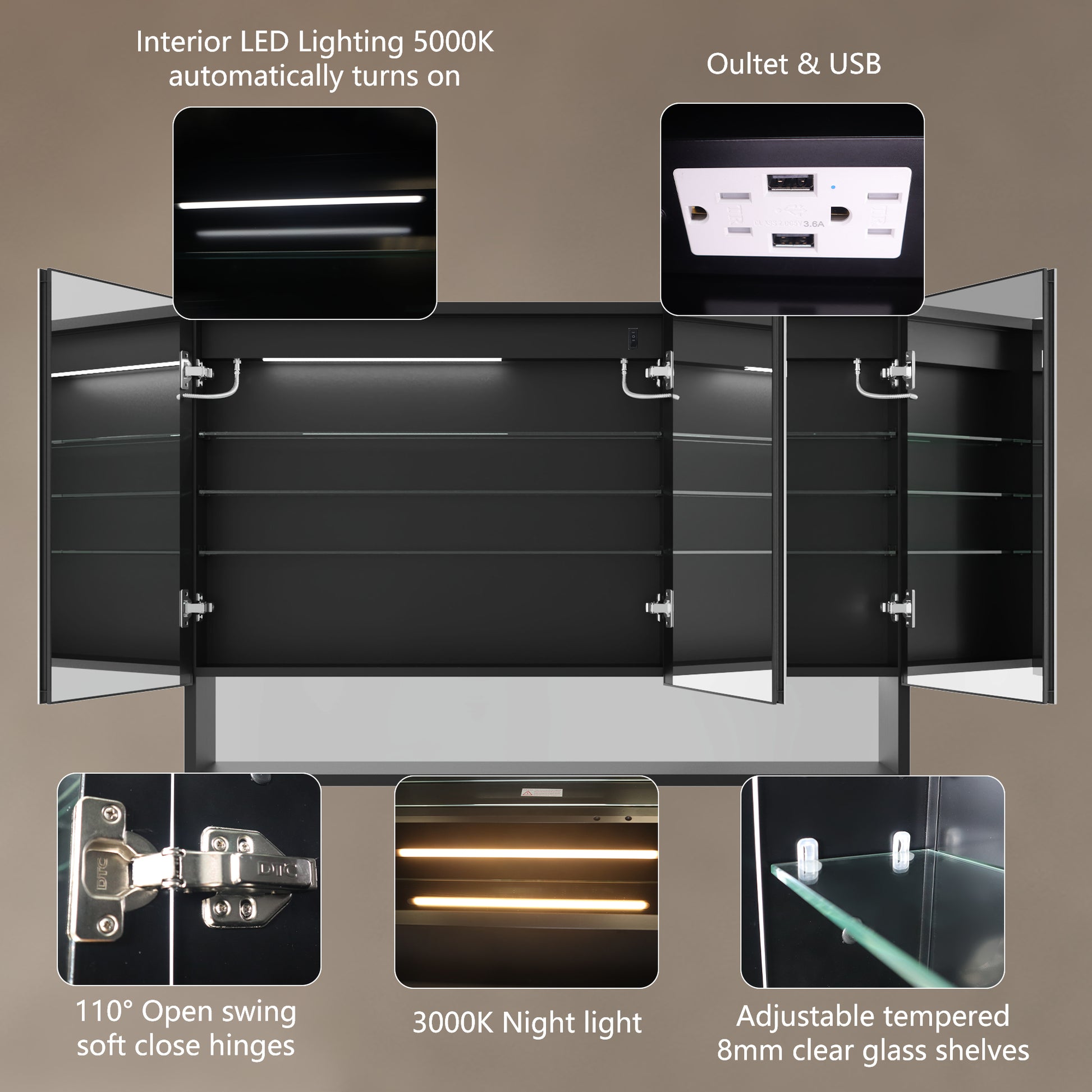 Lighted Medicine Cabinet 48 X 32 Inch, Recessed Or Surfaceclock, Room Temp Display,Defog,Night Light,Stepless Dimming,3000K 6400K, Outlets & Usbs,Double Sided Mirror.Black External Storage Shelf. Silver Aluminium