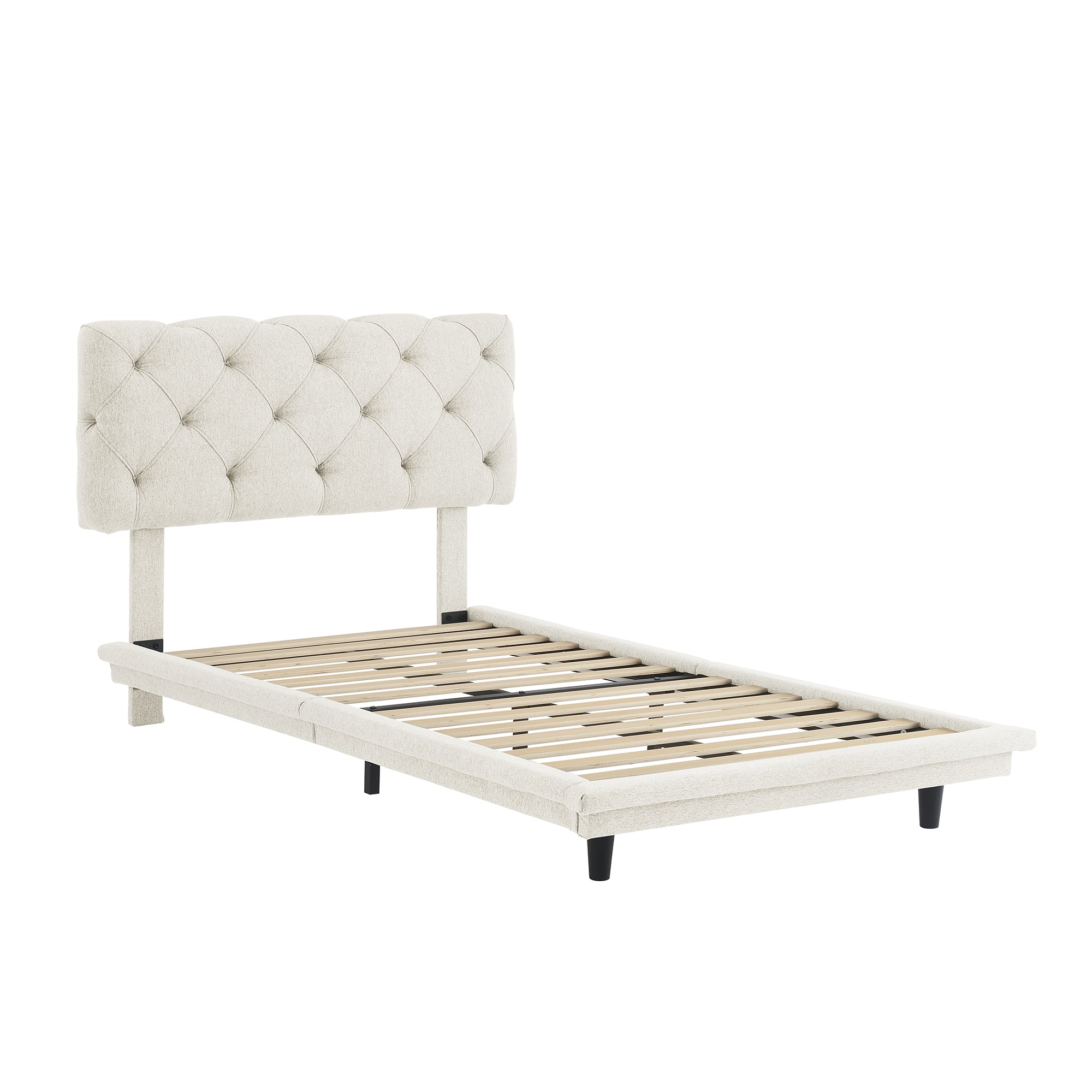 Twin Size Upholstered Bed with Light Stripe, Floating beige-linen