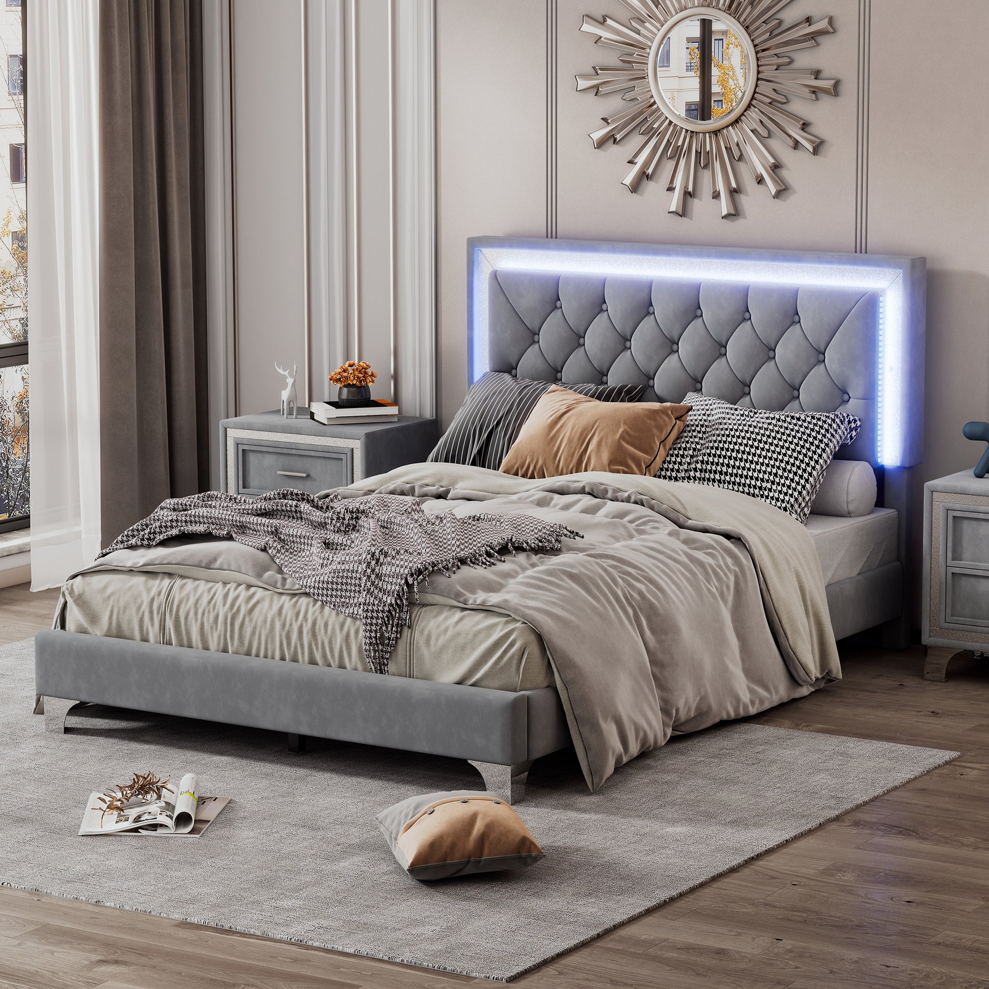 Full Size Upholstered Bed Frame With Led Lights,Modern Velvet Platform Bed With Tufted Headboard,Gray Gray Velvet