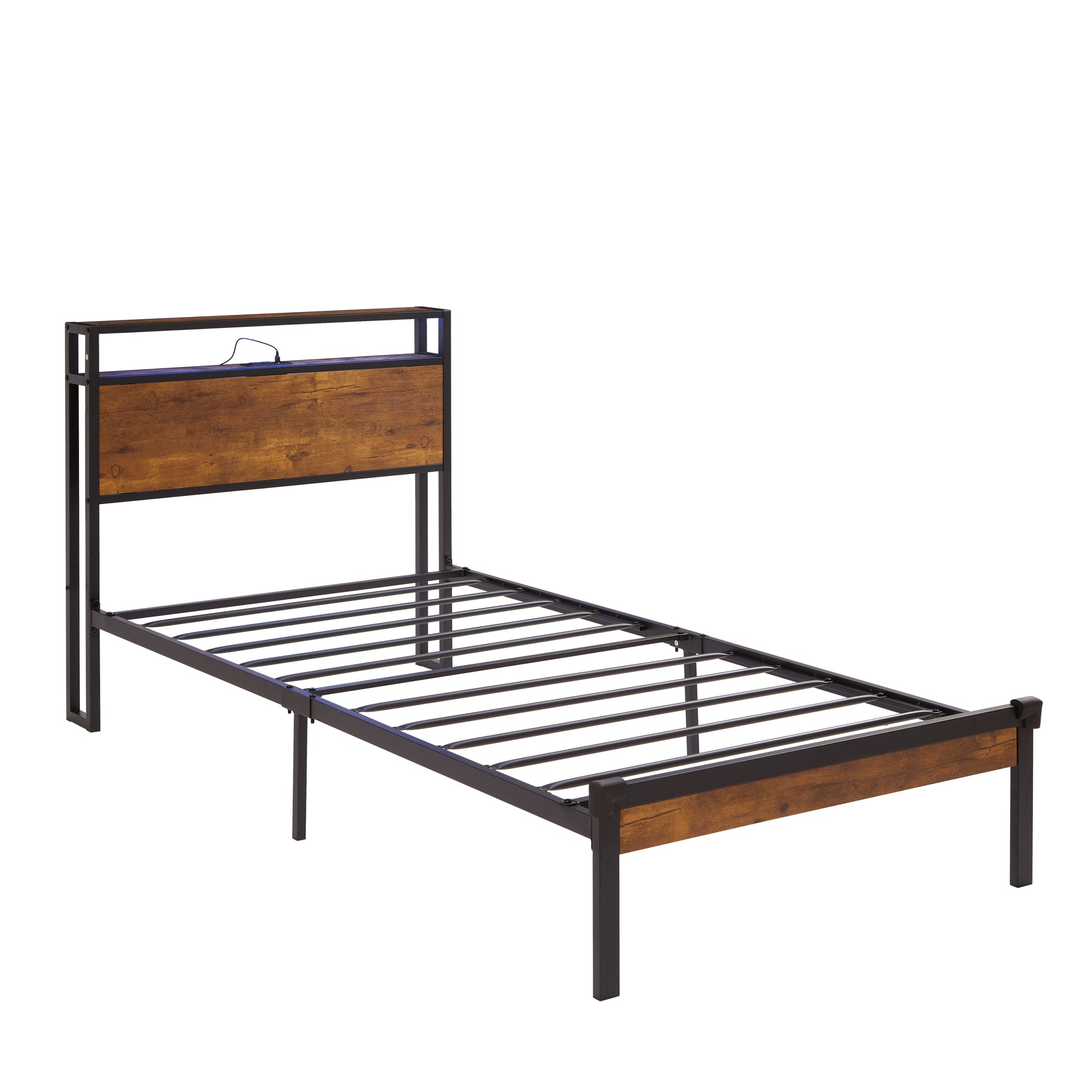 Twin Size Metal Platform Bed Frame With Wooden Headboard And Footboard With Usb Liner, Led Lights ,No Box Spring Needed, Large Under Bed Storage, Easy Assemble Black Brown Metal