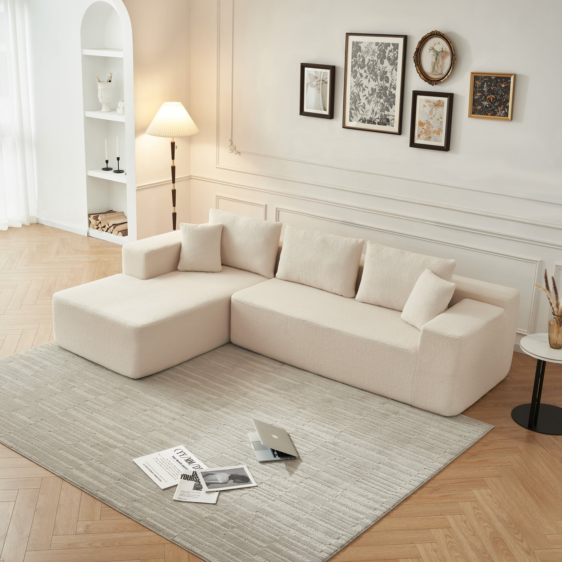 104.33" Sponge Sectional Sofa Couch For Living Room, L Shaped Modern Lamb Modular High Density Sponge Floor Sofa, Sherpa Fabric Sofa Couch With Chaise Lounge, Upholstered Corner Cloud Couch, Beige Beige Primary Living Space Soft Square Arms Foam Foam 5