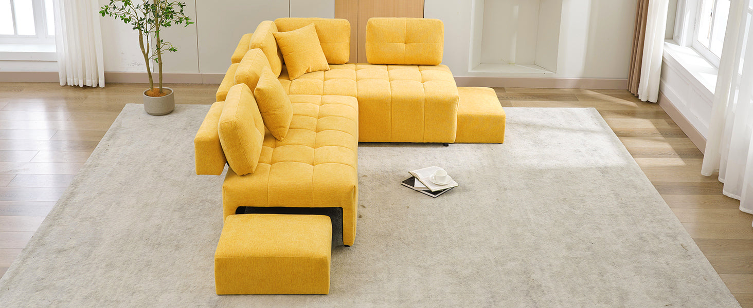 91.73" L Shaped Sofa Sectional Sofa Couch With 2 Stools And 2 Lumbar Pillows For Living Room, Yellow Yellow Chenille