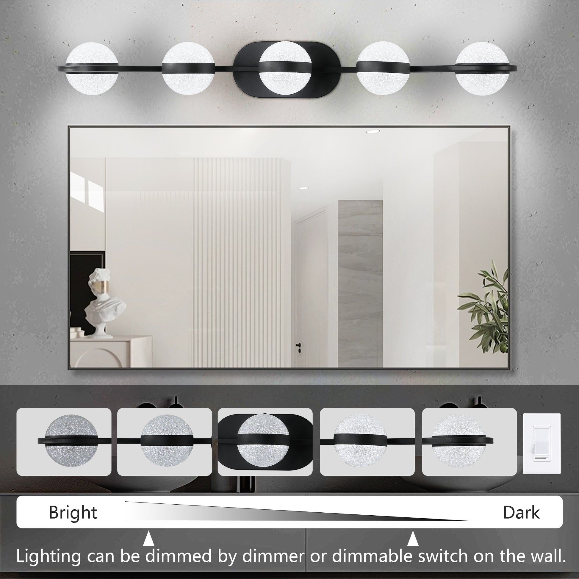 Modern Minimalist Bathroom Vanity Light, Led 5 Bulb Frosted Glass Shades, Wall Mounted Decorative Lighting Fixture, Suitable For Bathroom Vanity Mirror Black Black Modern Acrylic